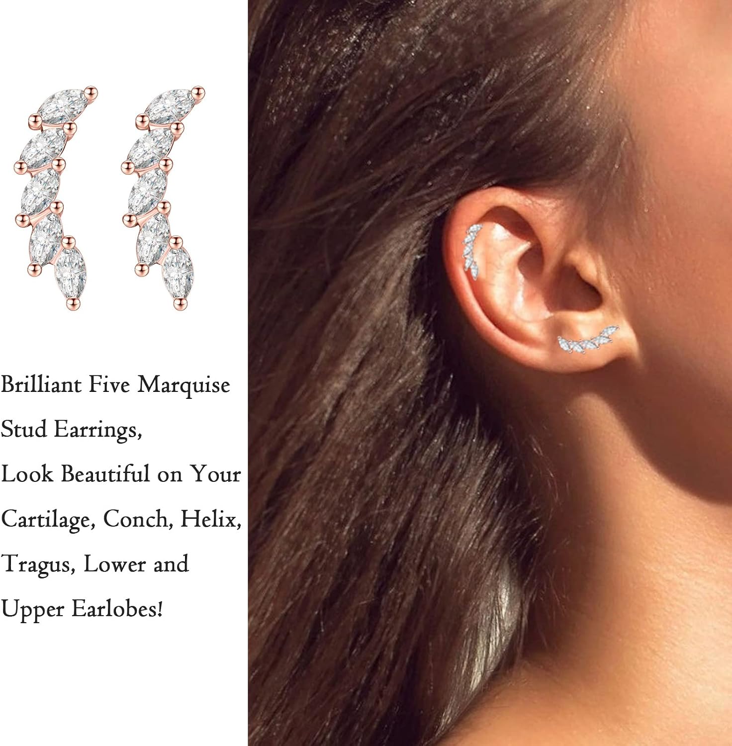 Detalle de EPIRORA 5 CZ Silver Climber Earrings for Women – Curved Leaf Cluster