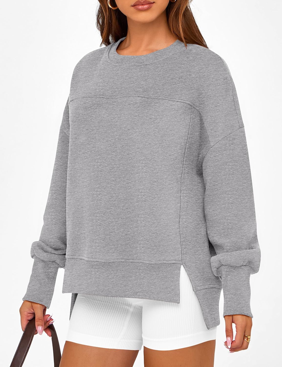 Thumbnail 6 de BTFBM Women's Crewneck Fleece Sweatshirt with Side Slits and Asymmetrical Hem