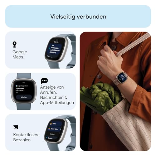 Detalle de Fitbit Versa 4 Smartwatch mit Google Health Premium – Wasserfallblau/Platin, 6 Tage Akkulaufzeit