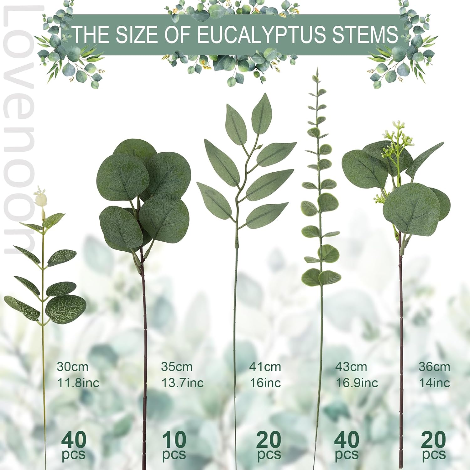 Thumbnail 5 de Lovemoon 130 Pcs Artificial Eucalyptus Stems Bulk – 5 Styles for DIY Bouquets & Decor