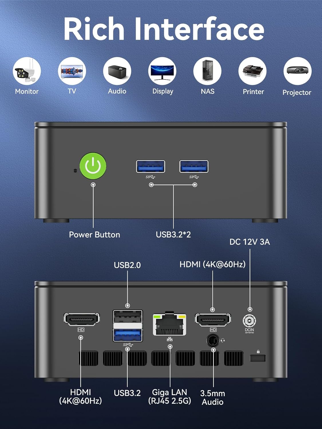 Detalle de GMKtec Nucbox G3S Mini PC with Intel N95 – 8GB/256GB, Dual 4K HDMI, WiFi 5 & BT 5.0