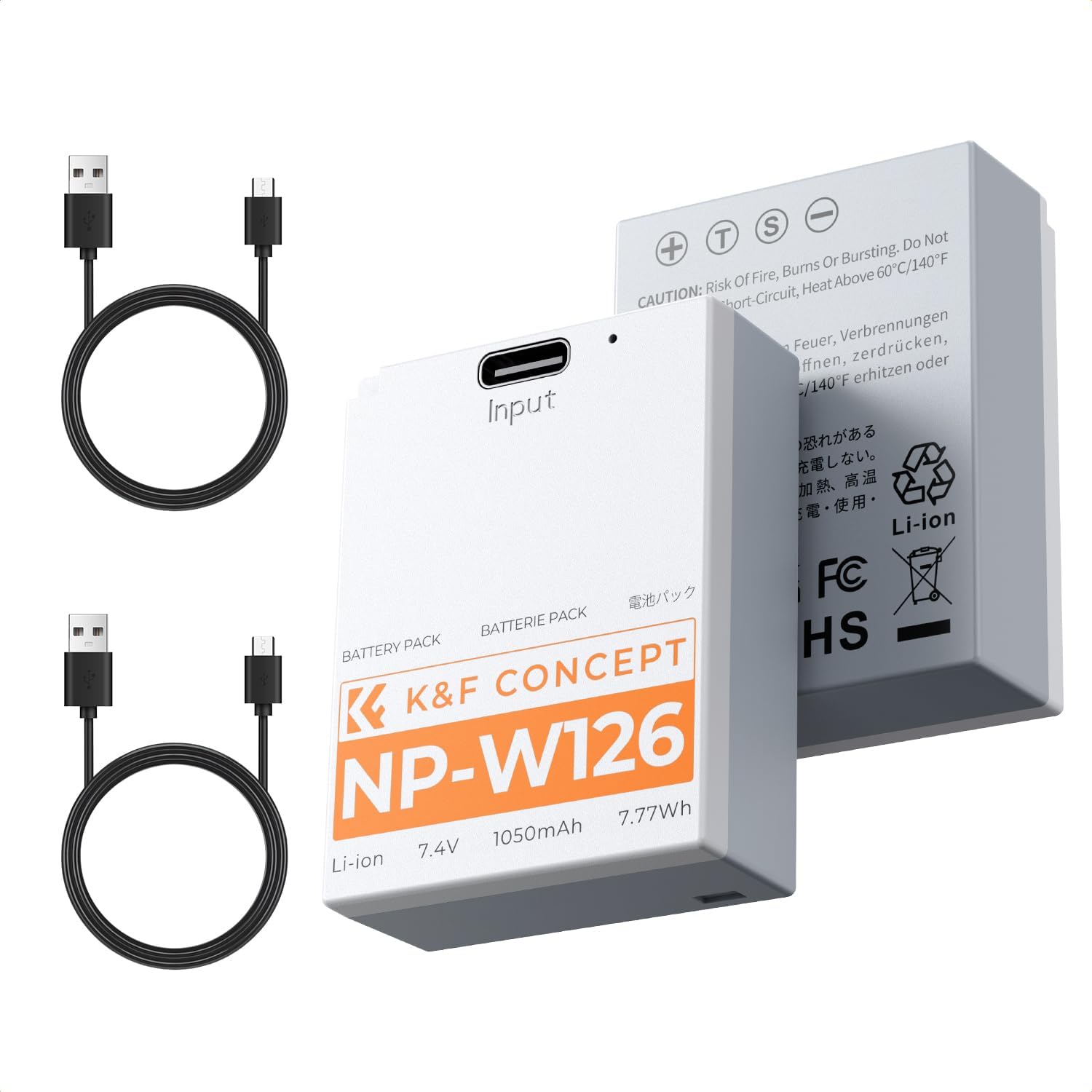 K&F CONCEPT NP-W126 / NP-W126S Direkt wiederaufladbarer Akku (1050 mAh) mit USB‑C – passend für ausgewählte Fujifilm X Modelle, 2er Pack