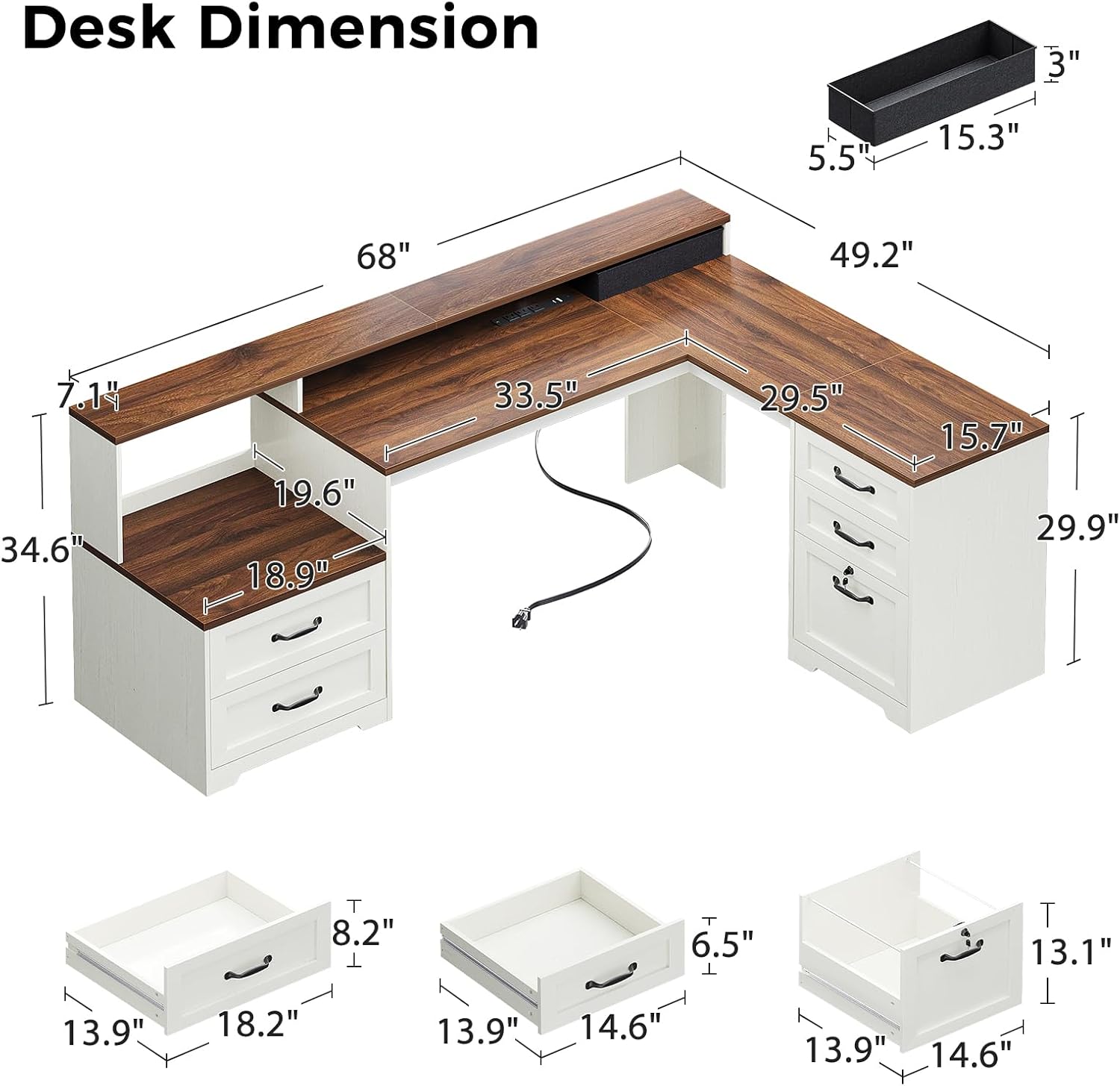 Detalle 2 de OffiGo Farmhouse 68-Inch L-Shaped Executive Desk with Drawers, Monitor Stand and Outlets