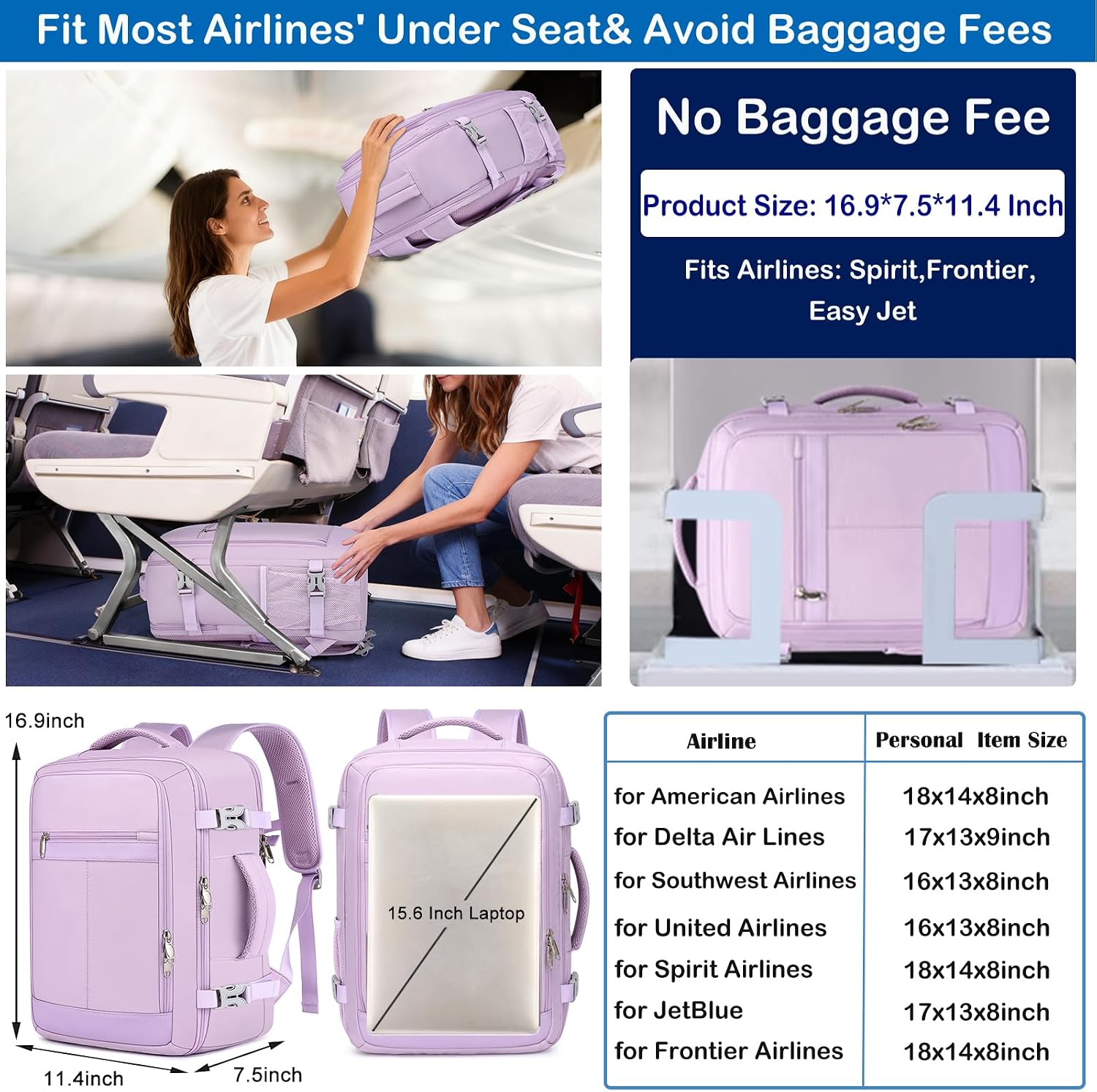 Thumbnail 1 de EZUOLA Travel Backpack for Women 25L - Airline Approved Carry-On with USB Port, Waterproof and Under-Seat Fit