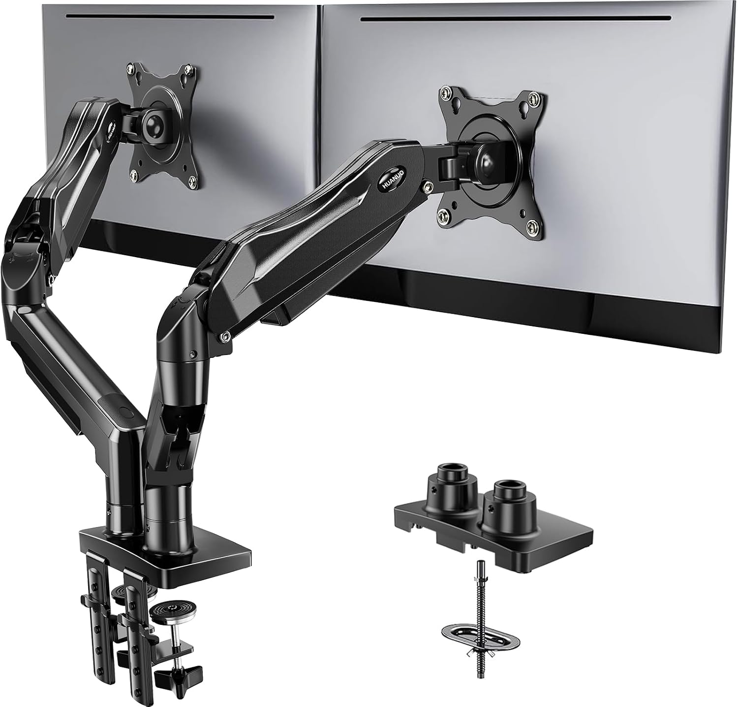 HUANUO FlowLift Dual Monitor Stand — Fully Adjustable Dual Arm Desk Mount for 13–32" Screens
