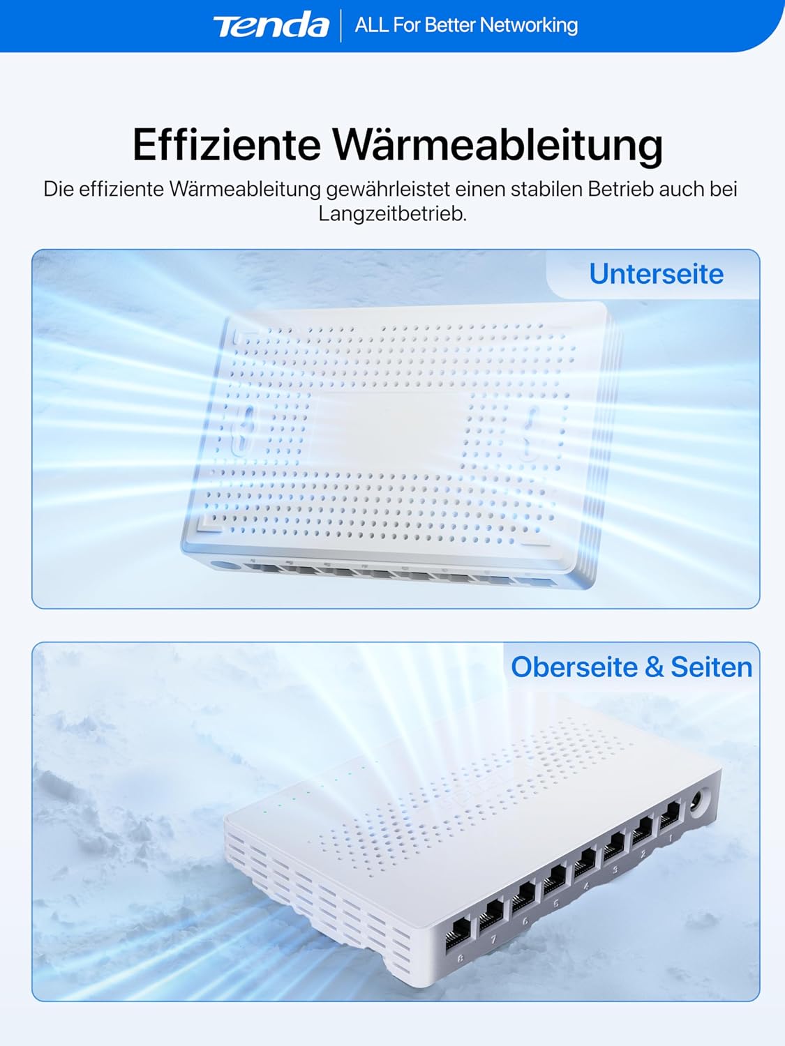 Detalle 2 de Tenda SM108: 8-Port 2,5-Gbit LAN-Switch für NAS, Server und Gaming-PCs