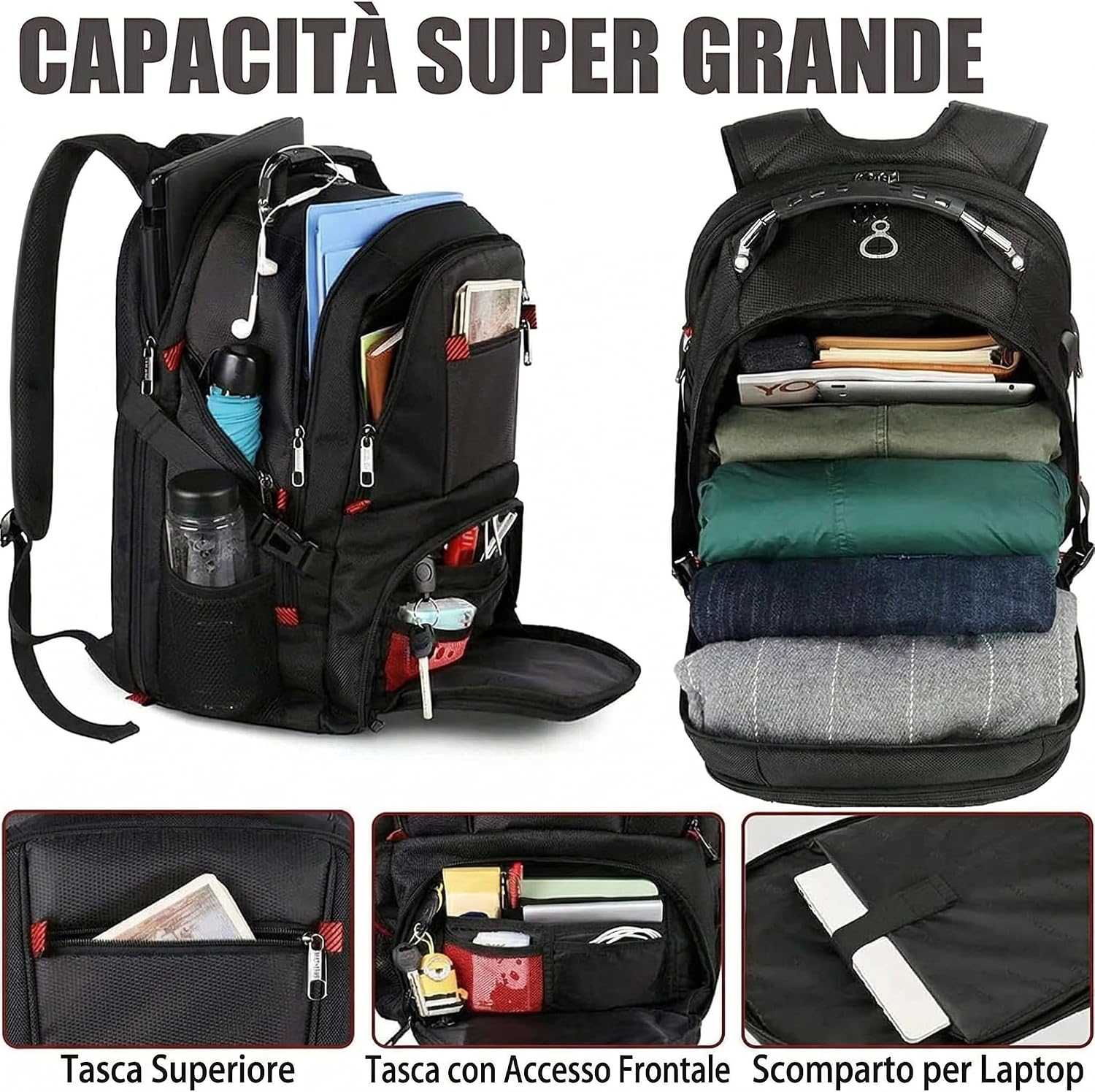 Thumbnail 1 de MATEIN Zaino Zaino Uomo Grande 50L con porta PC da 17 pollici, impermeabile e con USB esterna (nero)