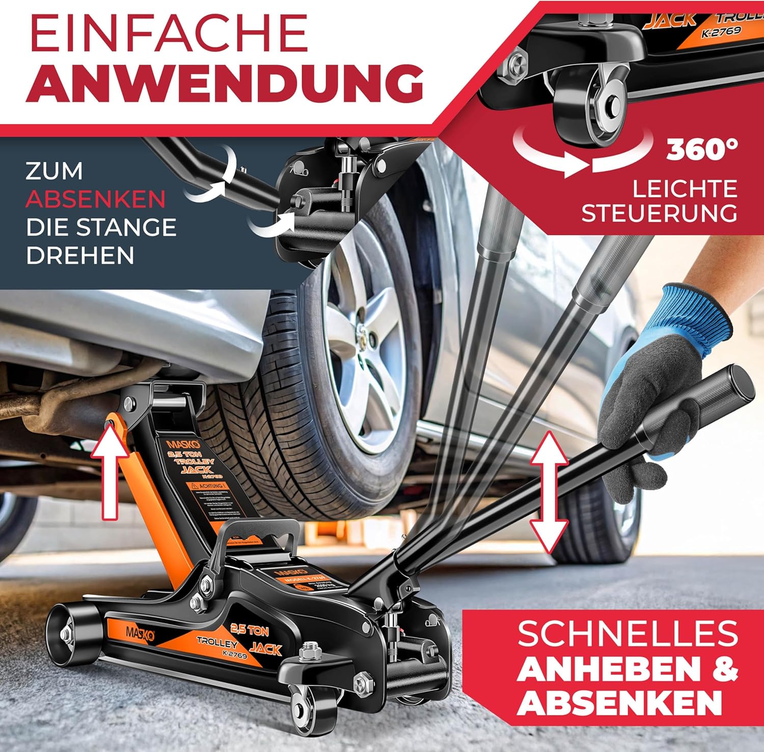 Thumbnail 4 de MASKO® hydraulischer Wagenheber 2,5 t, flach (85–365 mm) inkl. Koffer & Handschuhe – für PKW/SUV