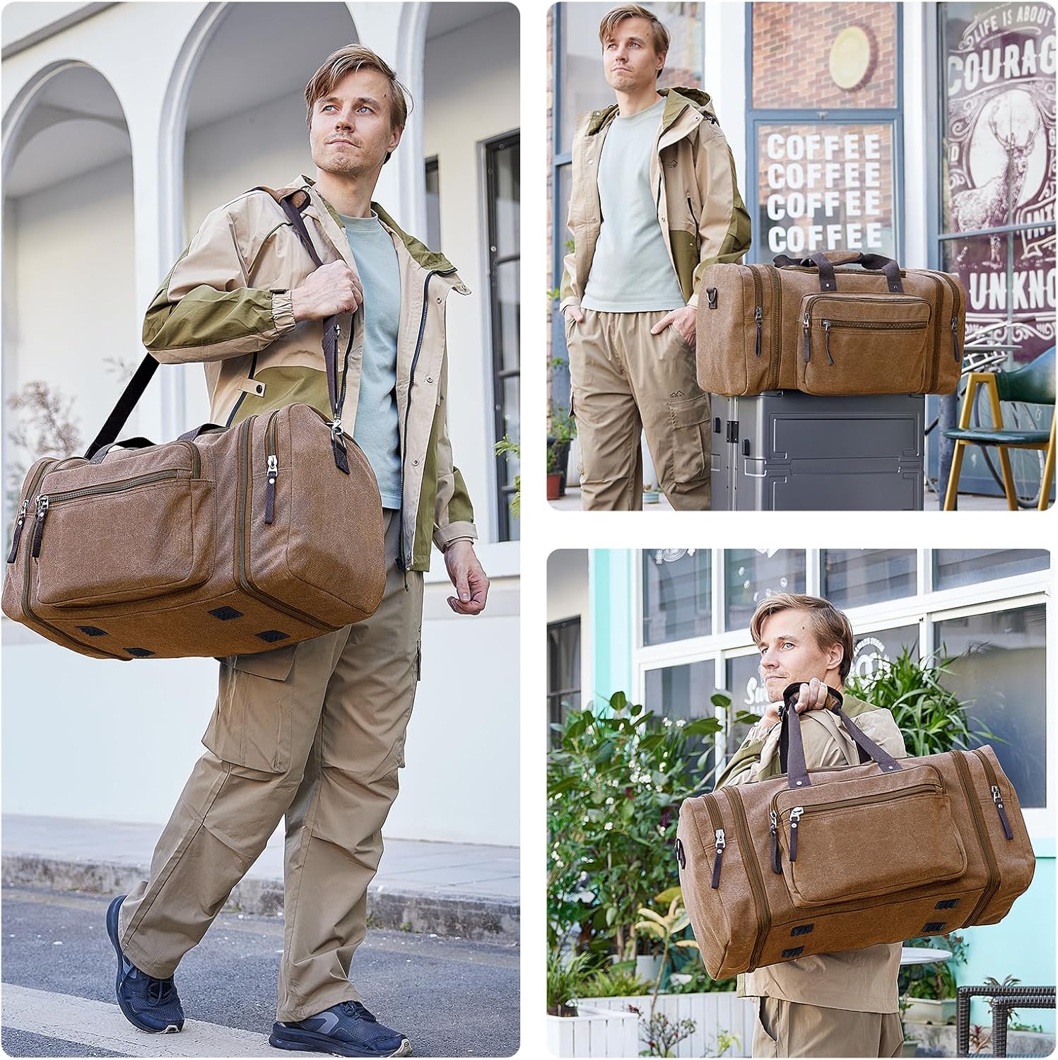 Detalle 2 de Erweiterbare Reisetasche 55L – kompakte Sporttasche aus Baumwoll-Canvas für Reisen, Fitness und Business