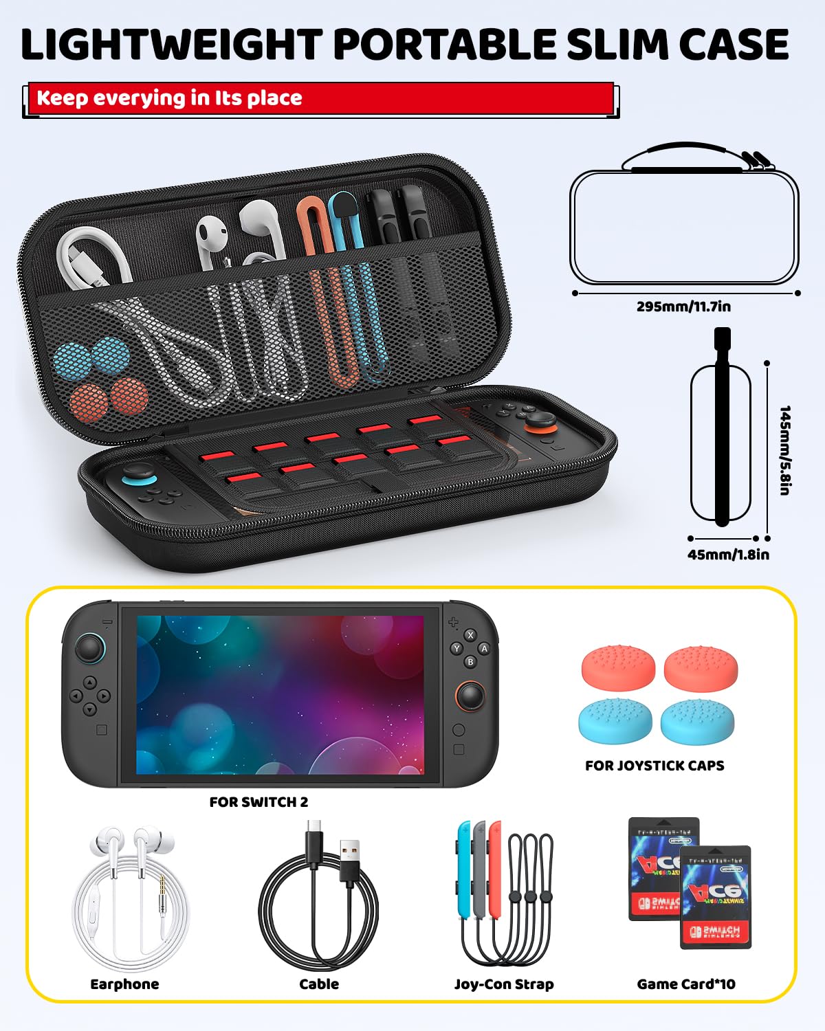 Detalle de Zubehör für Switch 2 (2025) – Slim Tragetasche mit 2 HD-Glasdisplay-Schutzfolien, Crystal Cover-Set, Staubstopfer-Kit und 4 Daumengriffe
