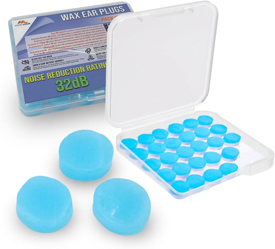 Mobi Lock lot de 30 bouchons d’oreille réutilisables en cire de silicone, réduction du bruit 32 dB (bleu) avec étui