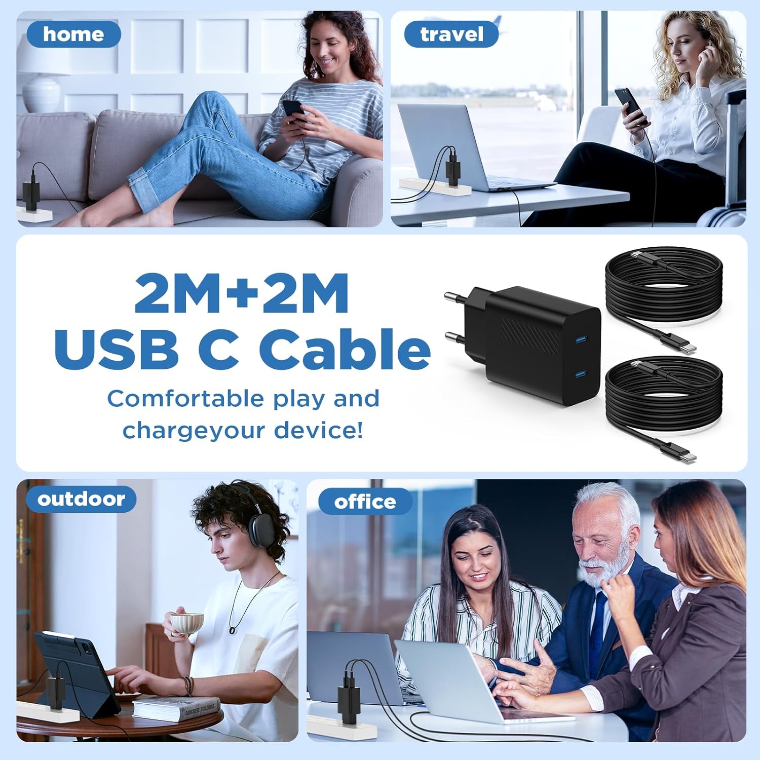Detalle de Chargeur mural USB-C rapide 45 W à 2 ports avec câbles 2 m – pour iPhone et Galaxy