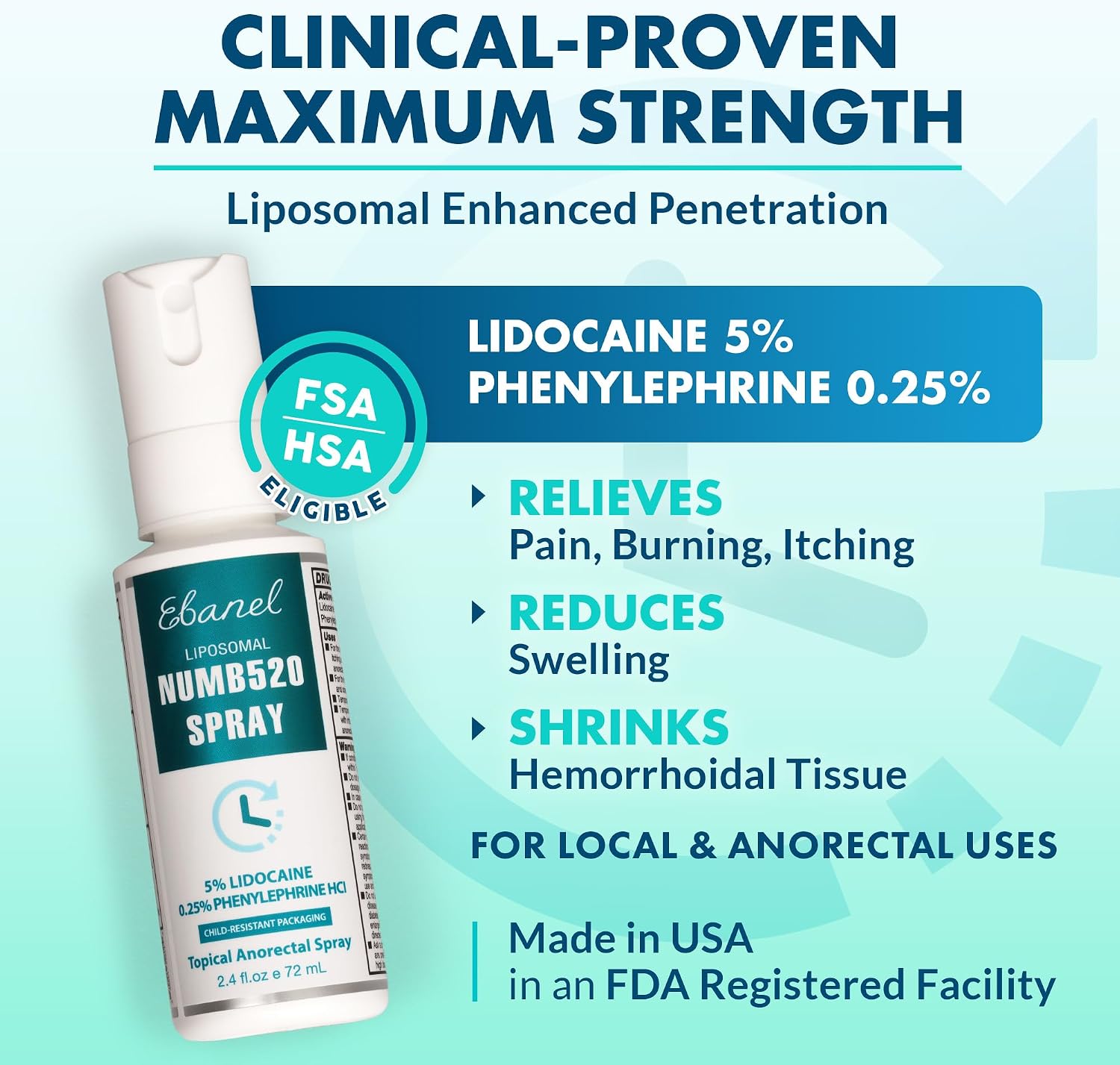 Detalle 2 de Ebanel Numb520 5% Lidocaine Spray with Witch Hazel for Pain and Itch Relief