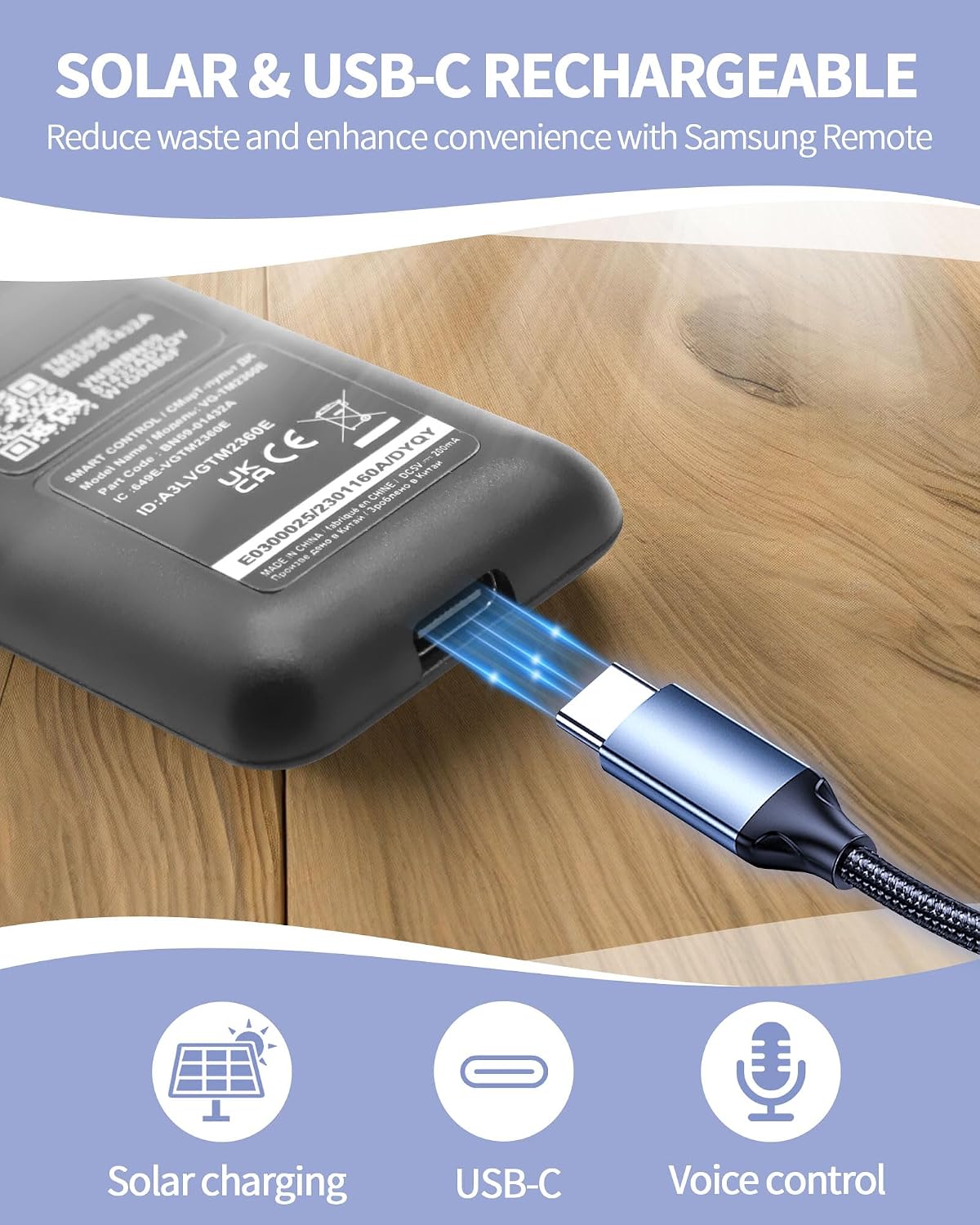 Detalle de BN59-01432A Ersatz Fernbedienung für Samsung Neo QLED 8K – Solar Laden, Sprachsteuerung, USB‑C Energiequelle