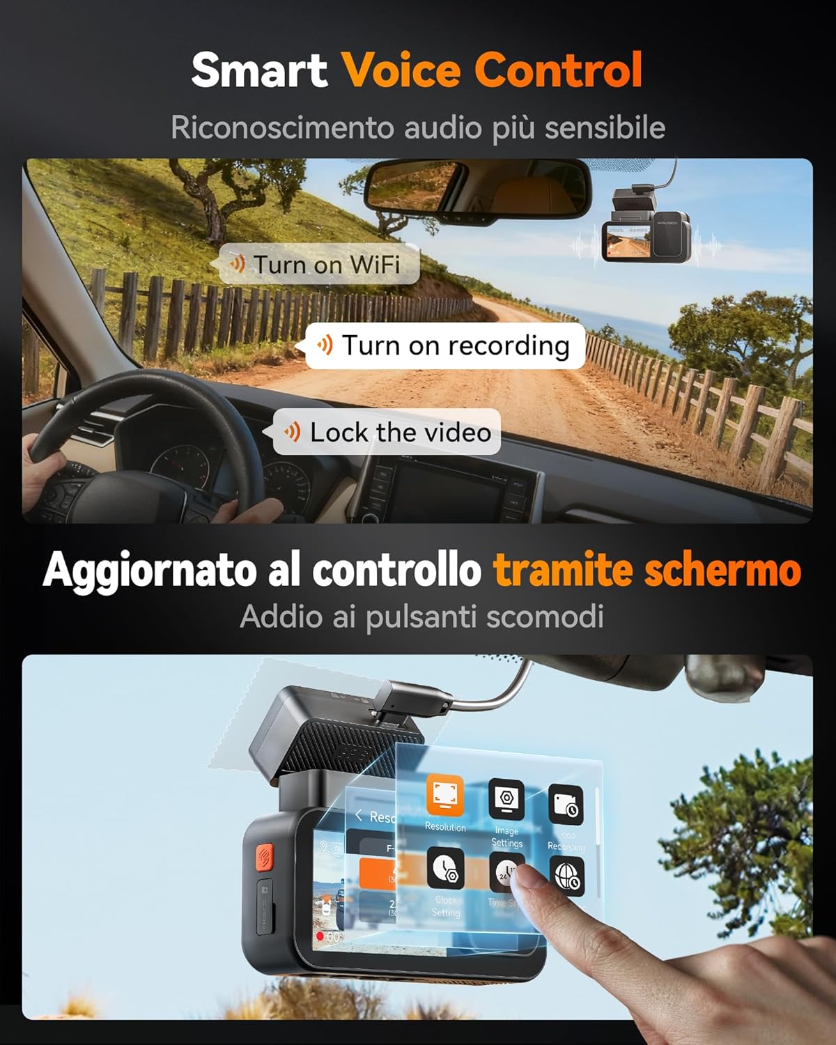 Thumbnail 5 de WOLFBOX X5 Duo 4K + 2.5K Dashcam auto anteriore e posteriore con anti shake, STARVIS 2 HDR, Wi‑Fi 5.8 GHz e GPS