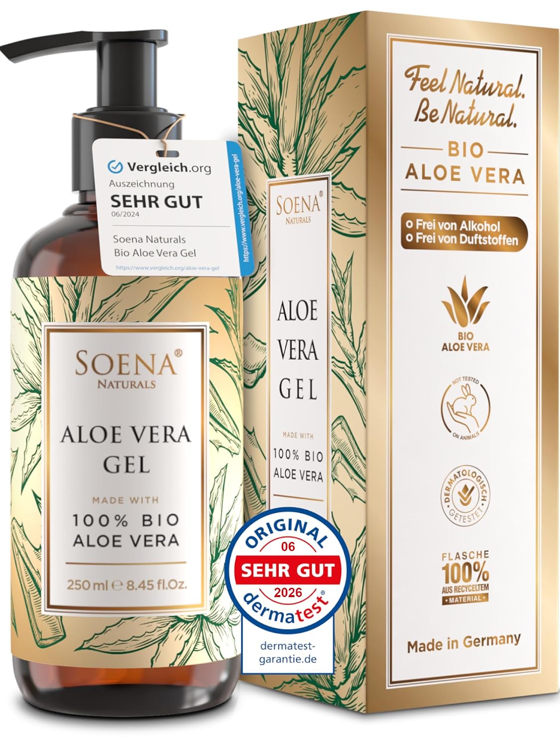 Detalle de Soena® Aloe Vera Gel mit 100% BIO Aloe Vera (96% Aloe, ohne Alkohol & Duftstoffe) – Feuchtigkeitspflege, 250 ml