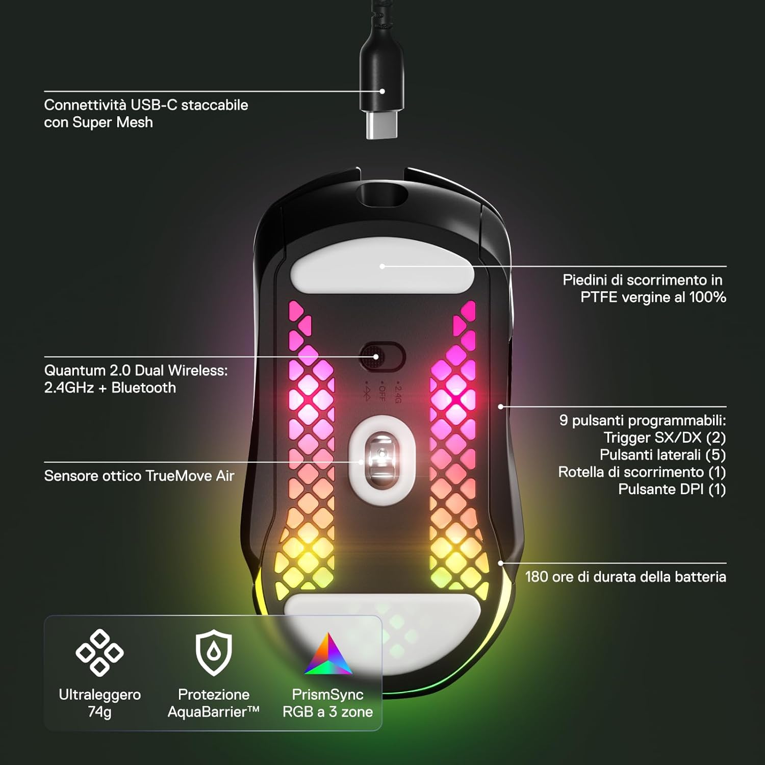 Thumbnail 3 de SteelSeries Aerox 5 Wireless (74 g) mouse gaming ultra leggero Bluetooth e 2,4 GHz con 9 pulsanti, IP54 e batteria fino a 180 h