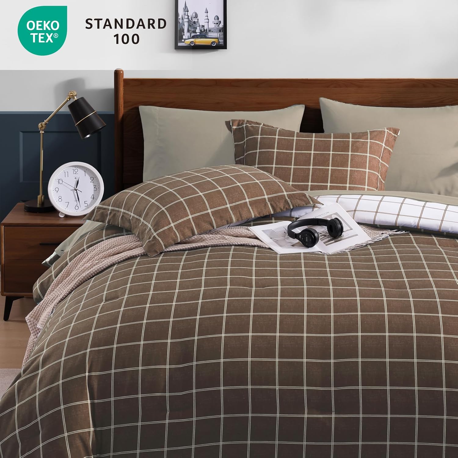 Detalle de AMBERSPACE Plaid Twin XL Comforter Set Brown – Reversible Checkered Bedding, 5-Piece Bed in a Bag