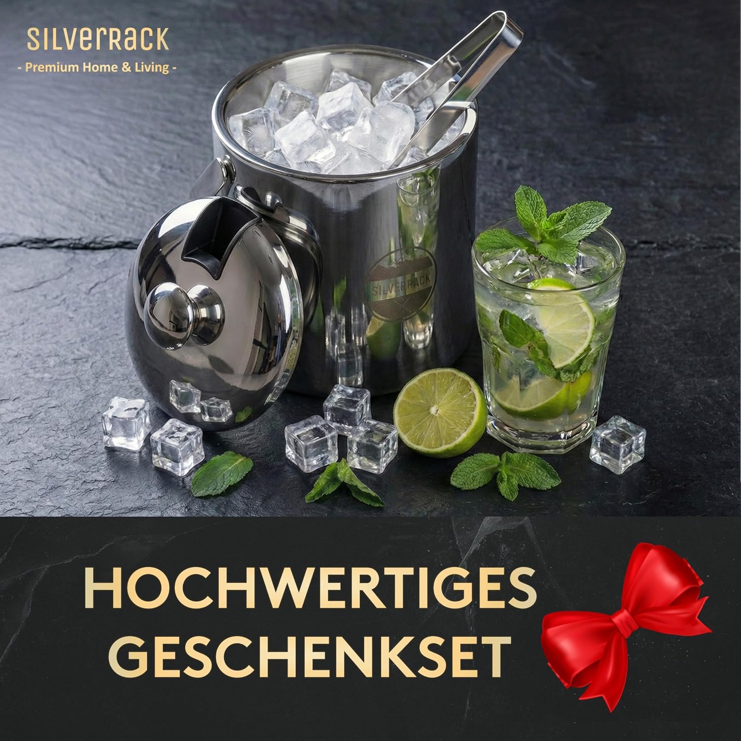 Thumbnail 2 de SilverRack Edelstahl Eiswürfelbehälter mit Deckel und Zange (1,3 l) – Eiskübel aus Edelstahl