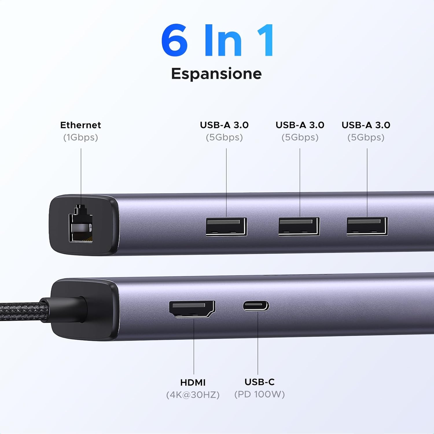 Thumbnail 1 de UGREEN Revodok 1061 Hub USB C: 6 in 1 con Ethernet Gigabit, HDMI 4K, PD 100W e USB 3.0