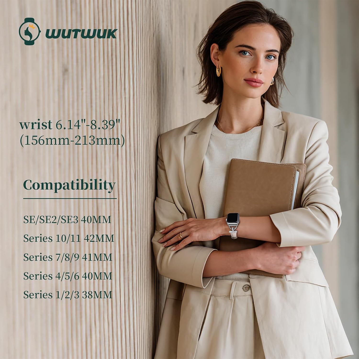 Detalle de Wutwuk Leather Apple Watch Strap for Women — 38–42mm with D-Buckle (White & Silver), Compatibility with SE/Series 1–11
