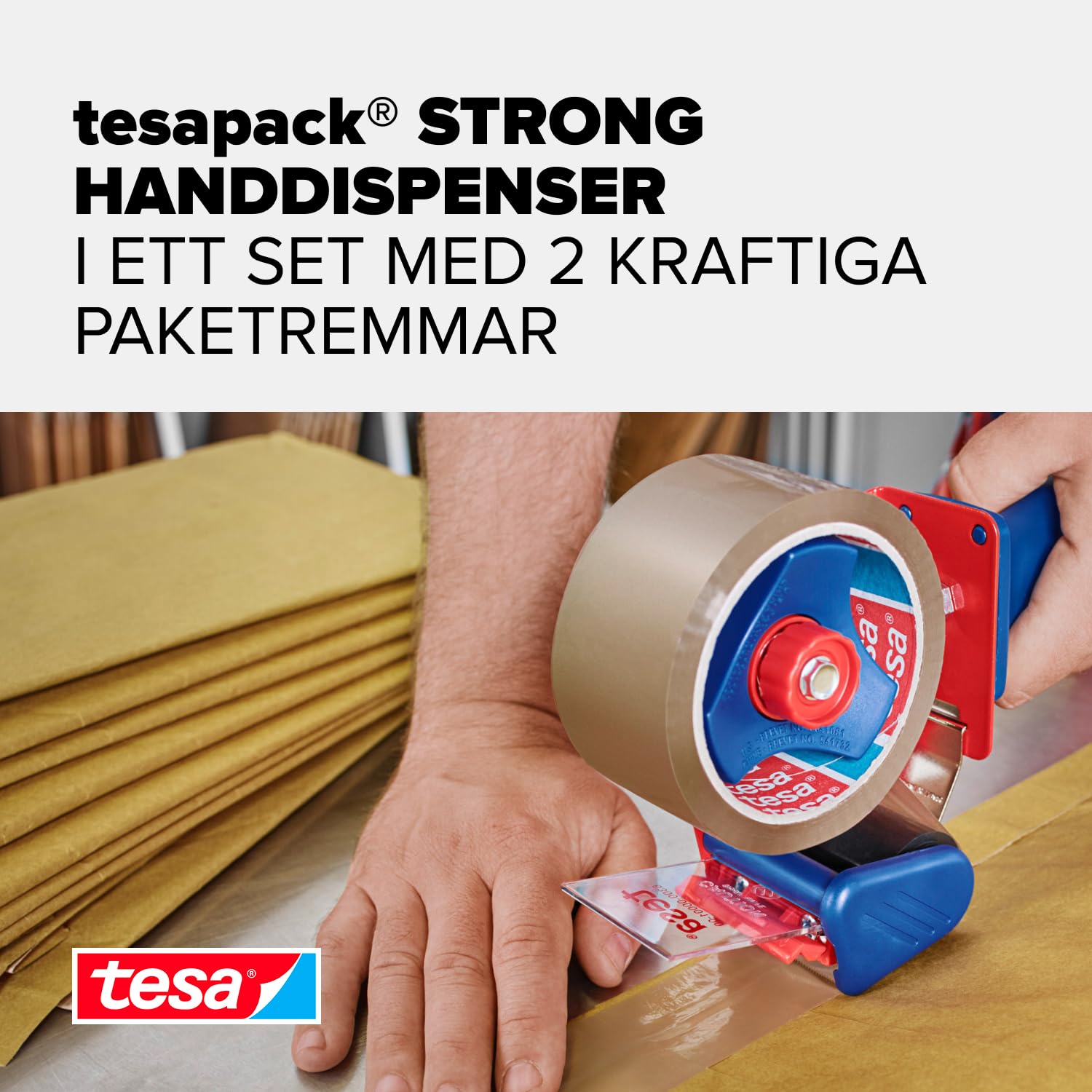 Detalle 2 de tesa tesapack STRONG packtejpset med handdispenser, 2 rullar 66 m x 50 mm