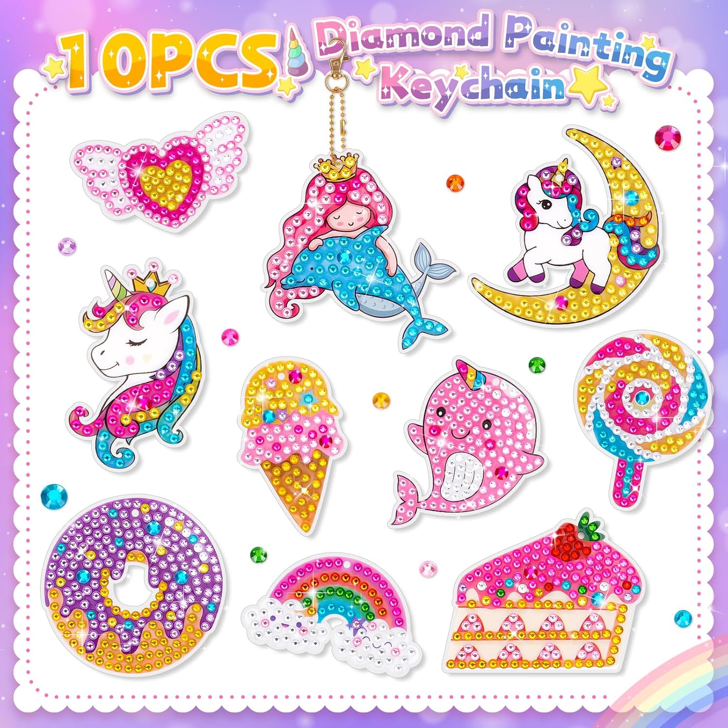 Detalle de Diamond Painting Art Keychain Kit for Girls (Unicorn) – DIY Gem Keyring Craft Set (Age 5–10)
