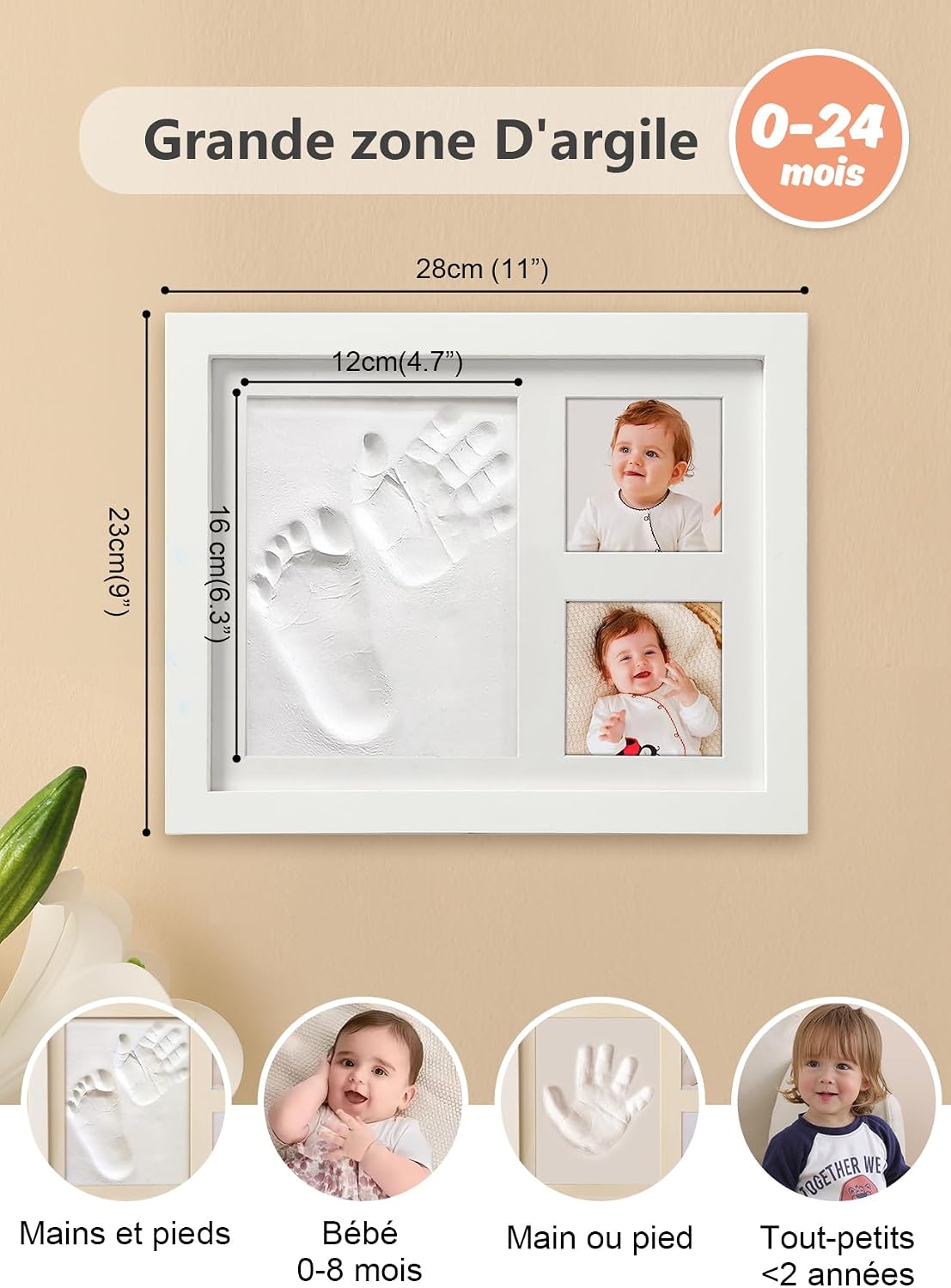 Detalle de PewinGo Cadre Empreintes Bébé — Kit d'empreintes pieds et mains personnalisé, cadre photo bois blanc
