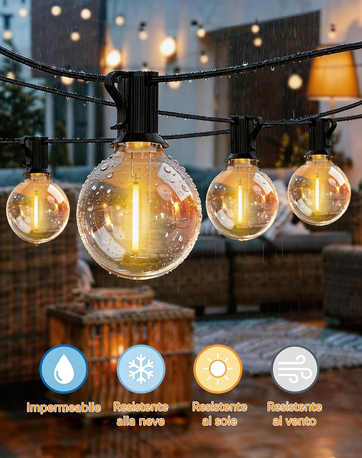 Detalle de ROVLAK Catena Luminosa Esterno 12M con 18+3 LED G40 IP44, luce calda 2700K per giardino e terrazza