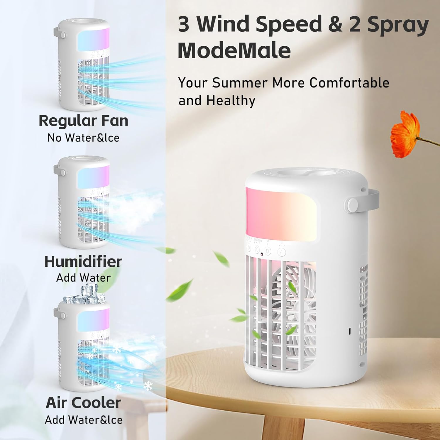 Detalle de Portable Air Conditioner 2026 Upgraded 4-IN-1: Ice Fan, Humidifier, Night Light, and More