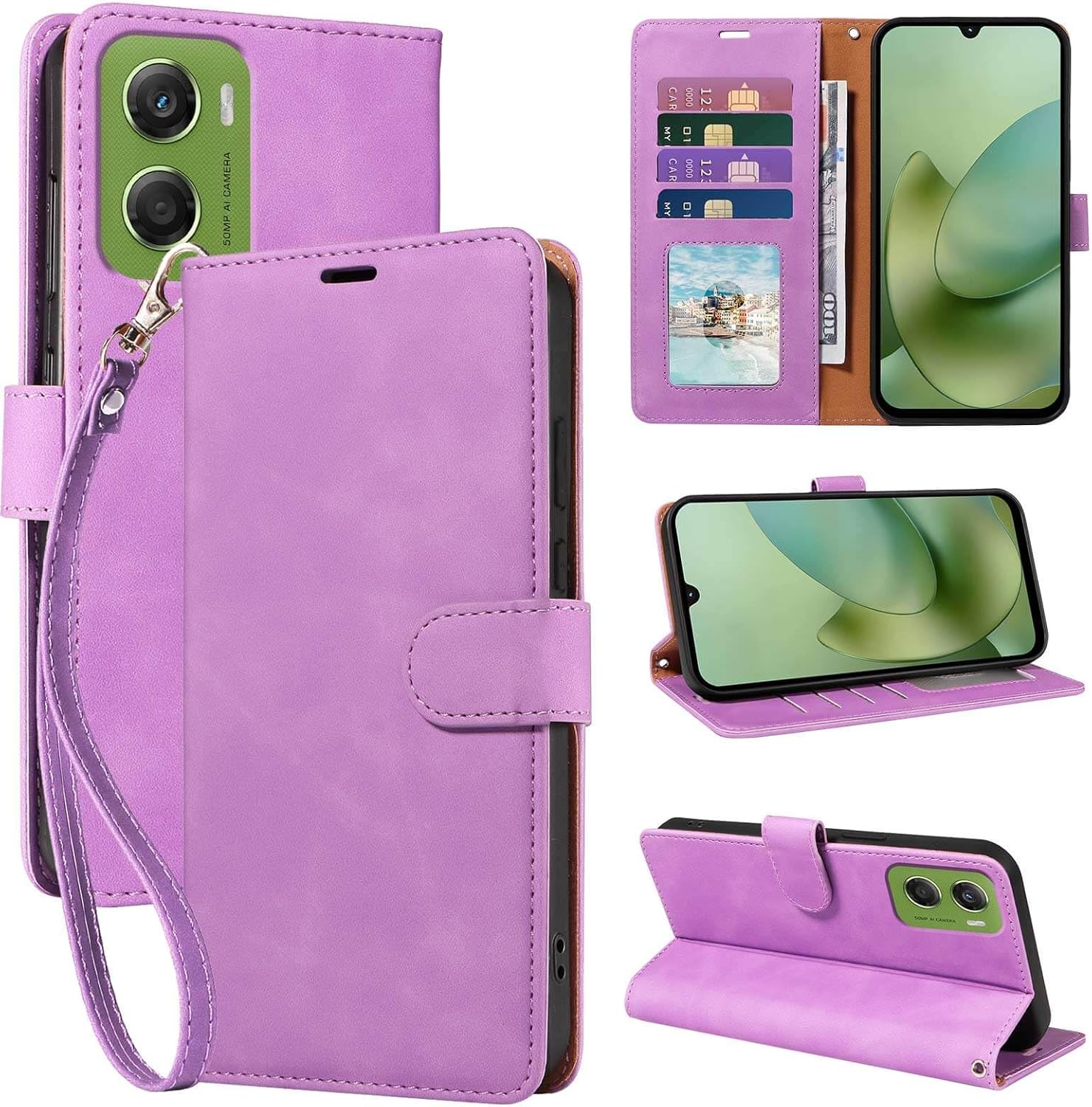 Detalle de GOTOURED Leather Wallet Case for Motorola G06 / G06 Power with RFID Blocking, 4 Card Slots, Wrist Strap and Kickstand (Purple)