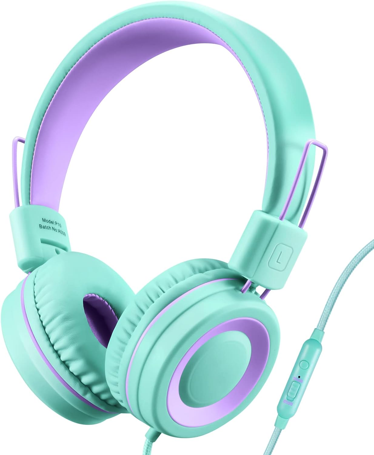 Detalle de POWMEE P10 Kids Headphones with Microphone — Adjustable, Foldable On-Ear Stereo for School, PC, and Phone (Green)