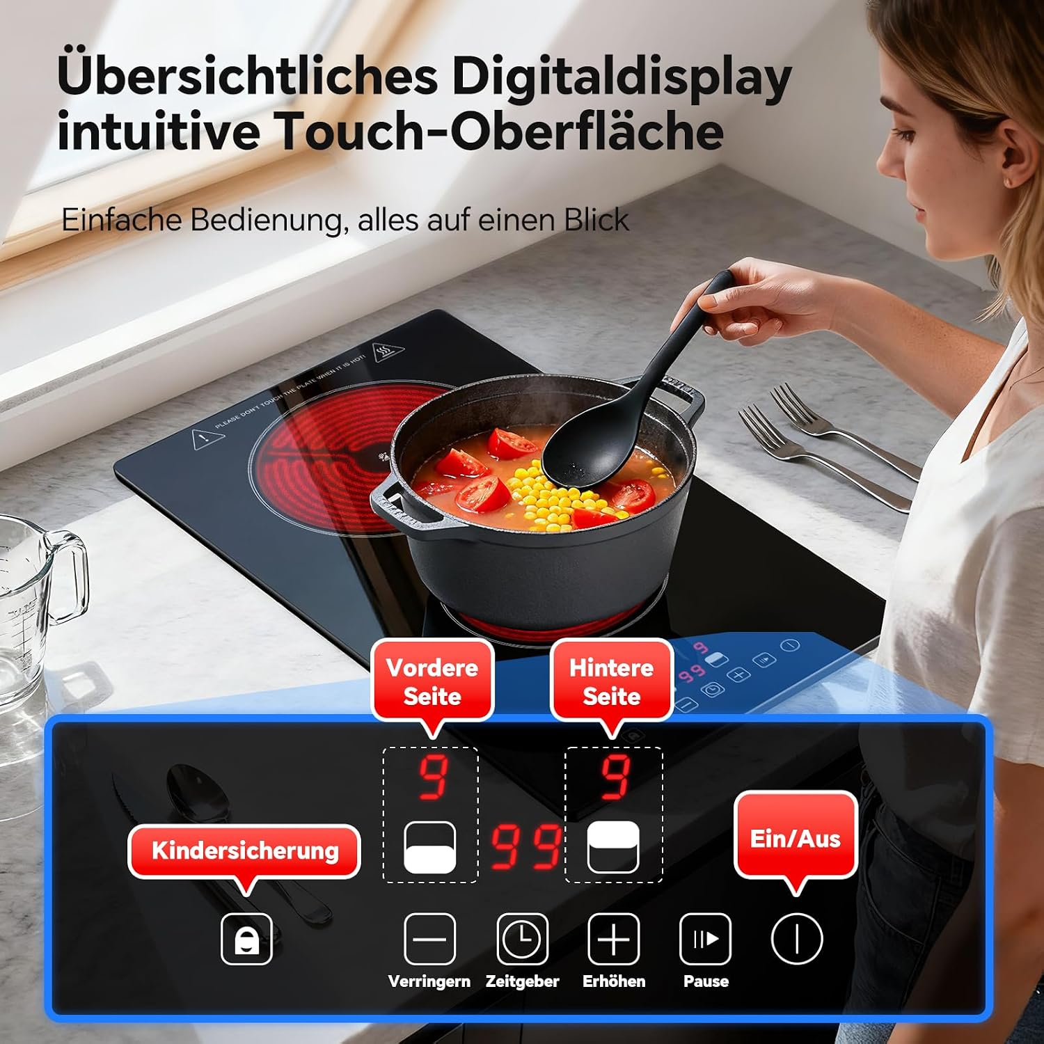 Detalle 2 de SNDOAS Glaskeramik-Kochfeld mit 2 Platten, 3000 W, Touch, Timer (1–99 Min) und Kindersicherung – schwarz
