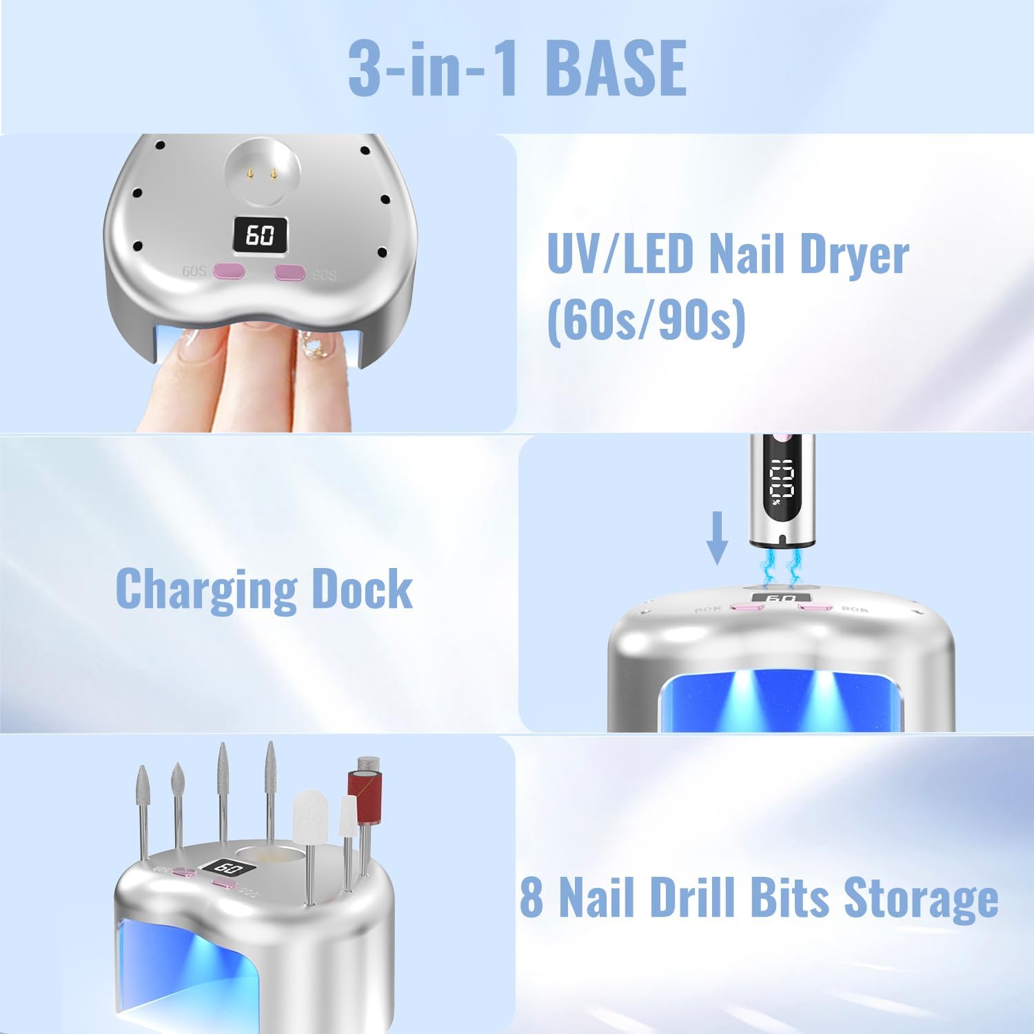 Detalle de Denabuty Fraise à ongles DN-2602S 13 en 1 – Lime électrique sans fil avec lampe UV/LED et station de charge