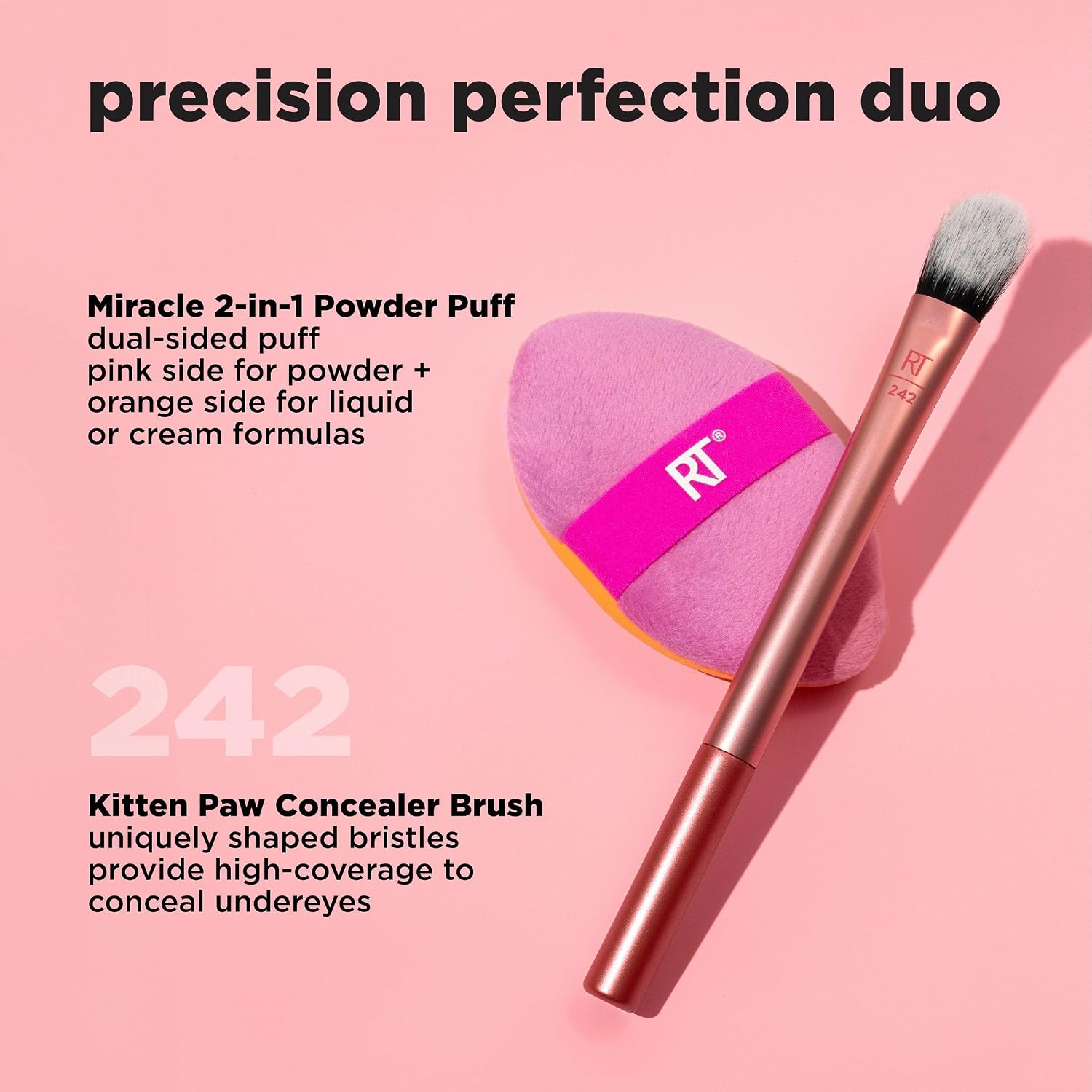 Detalle de Real Techniques Precision Perfection Duo – concealerborste och dubbelsidig puderpuff