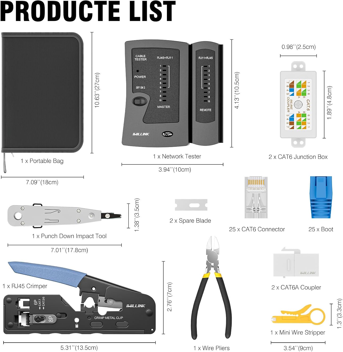 Detalle 2 de iwillink RJ45 Crimp Tool Kit (Cat6/Cat5e/Cat6A) with RJ45 crimper, punch tool, connectors and tester
