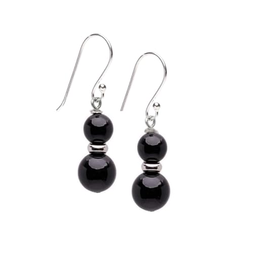 Detalle de Treasure Bay Black Agate Drop Earrings with Double Beads and 925 Silver Hooks