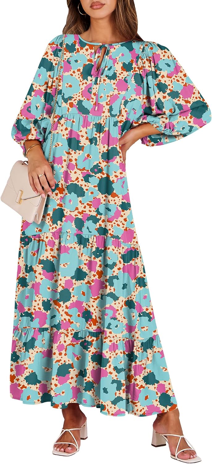 Detalle de ANRABESS Womens Boho Floral 3/4 Puff Sleeve Maxi Dress