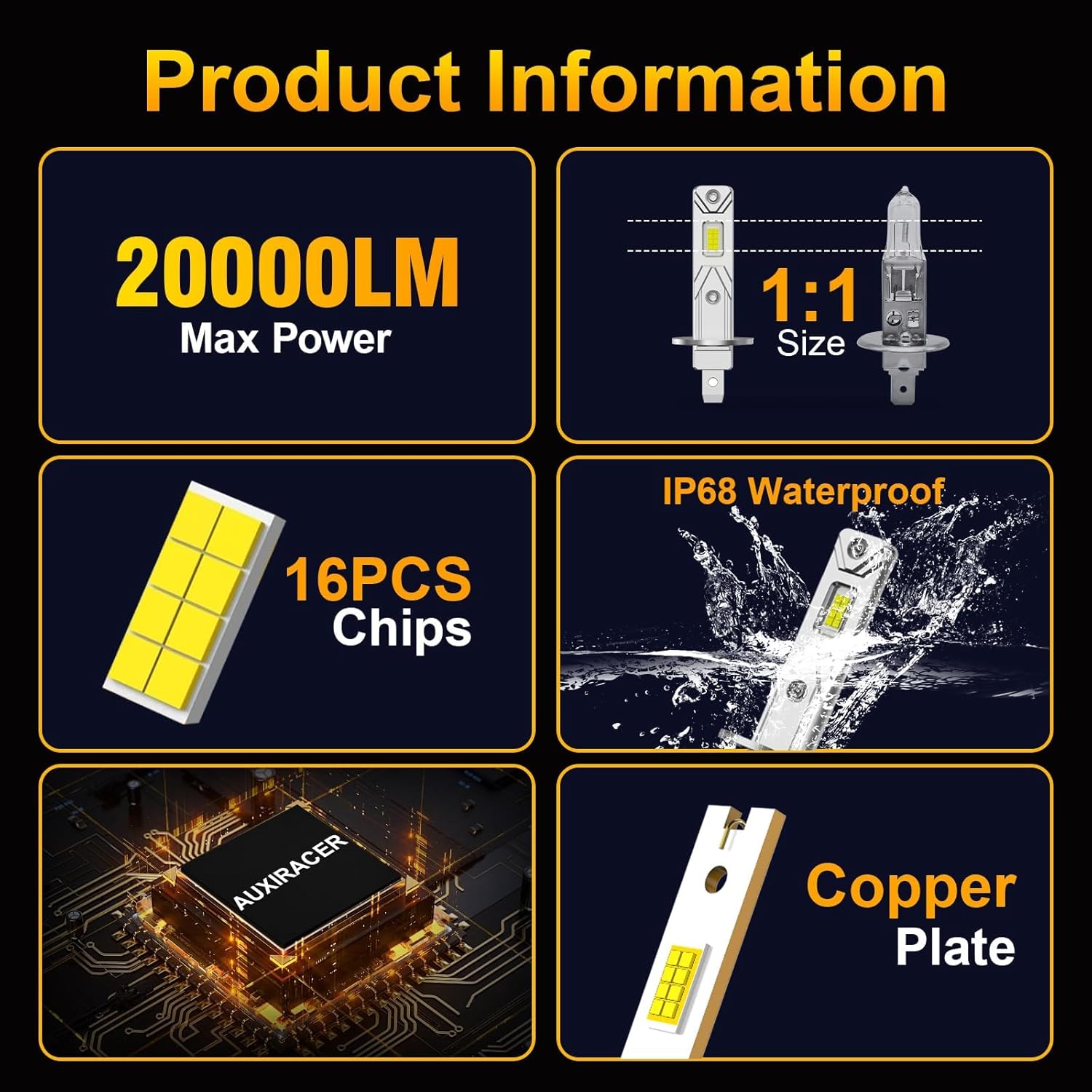 Detalle de AUXIRACER H1 LED 500% Brillante – Kit 2 lampadine H1 LED Plug and Play 6500K 18000 LM, 50.000 ore, IP68