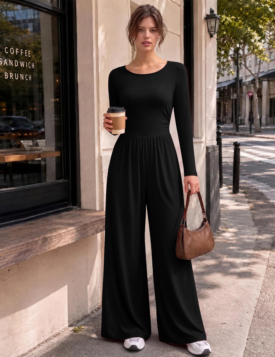 Detalle de Ekouaer Women's Long-Sleeve Jumpsuit with Wide Legs and Ruched Waist