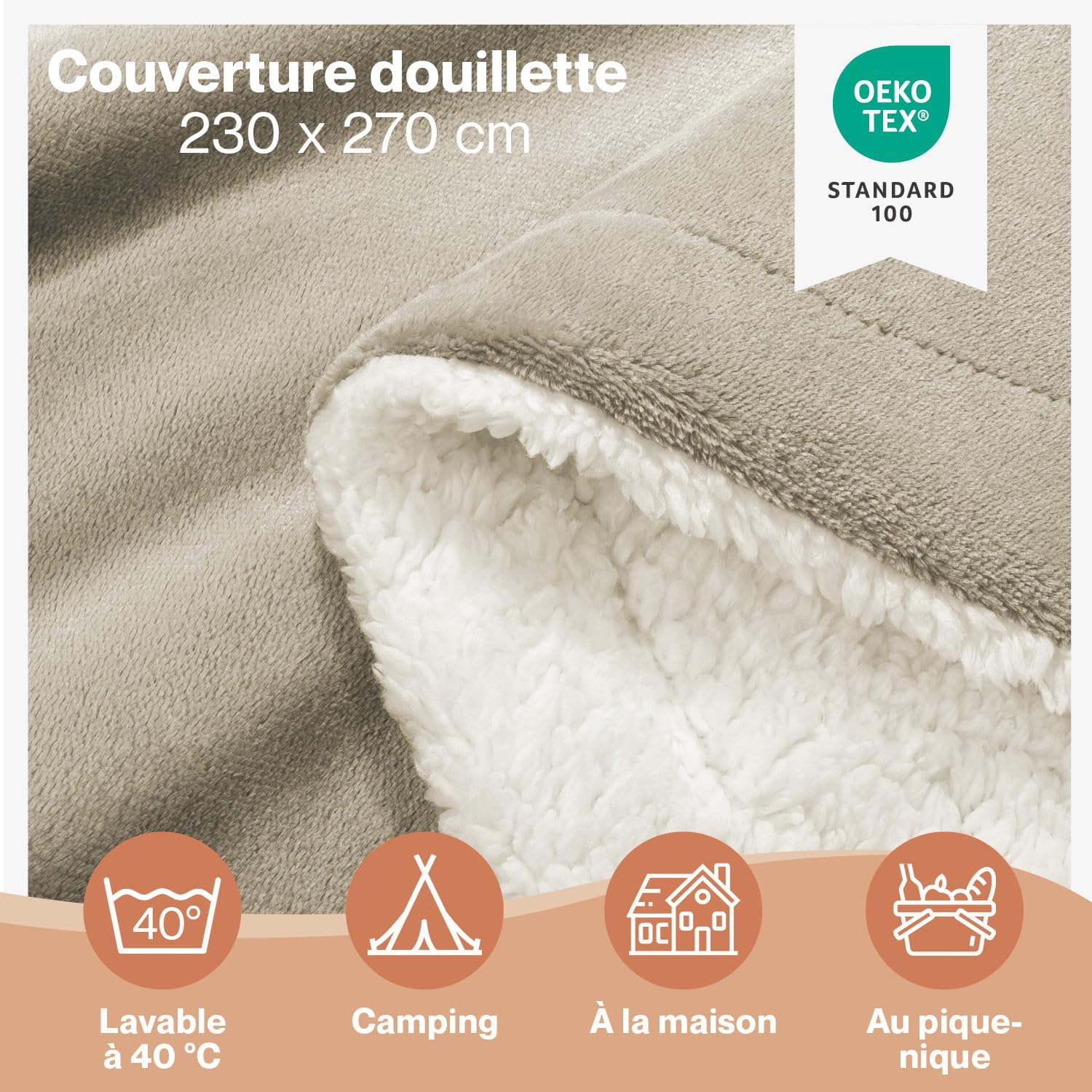 Thumbnail 1 de Blumtal plaid polaire Sherpa 230 x 270 cm certifié Oeko-TEX® (beige) : doux, chaud et moelleux