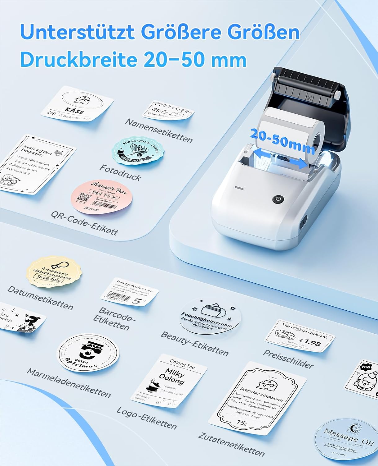 Detalle de NIIMBOT B1 Etikettendrucker mit Bluetooth und 3 Rollen wasserfesten Etiketten (silber)