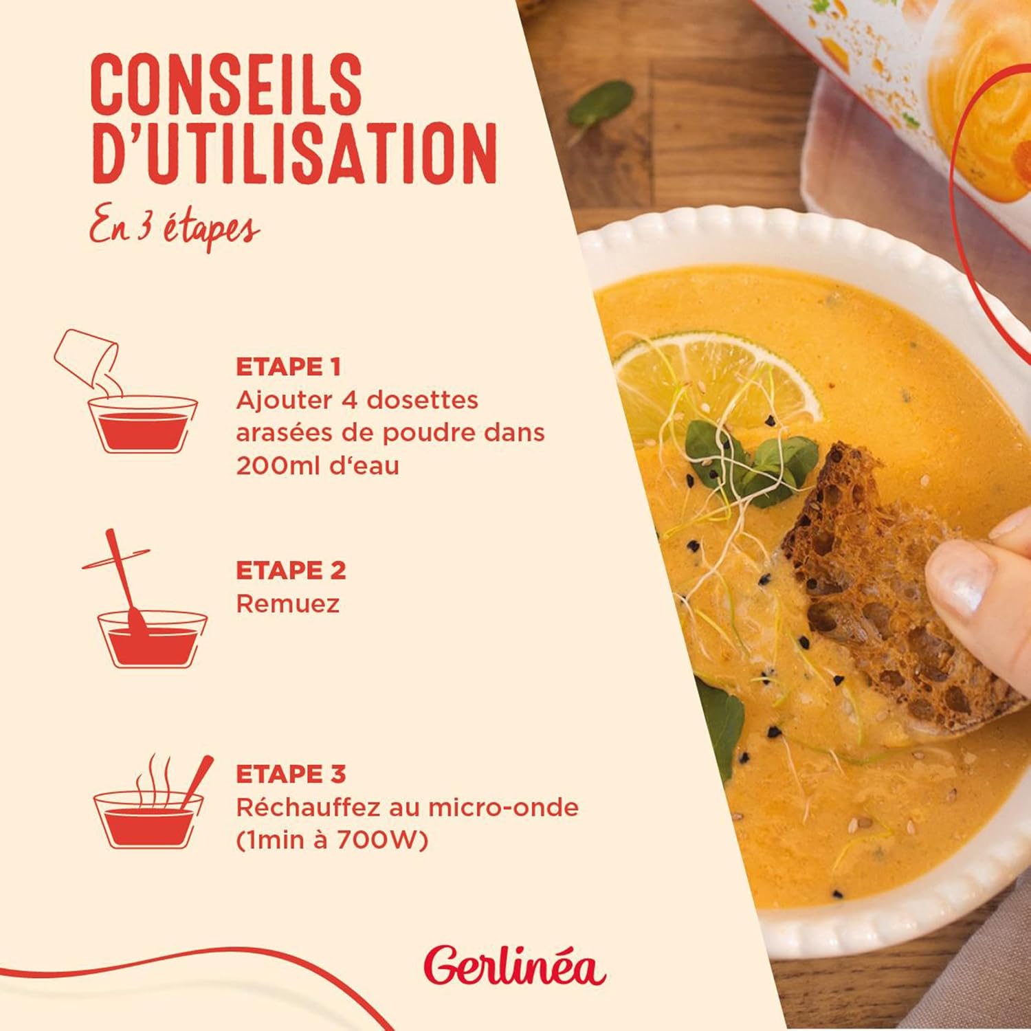 Detalle de GERLINÉA Soupe Lentilles Corail Curry – Substitut de Repas Minceur, 8 Repas, 424 g
