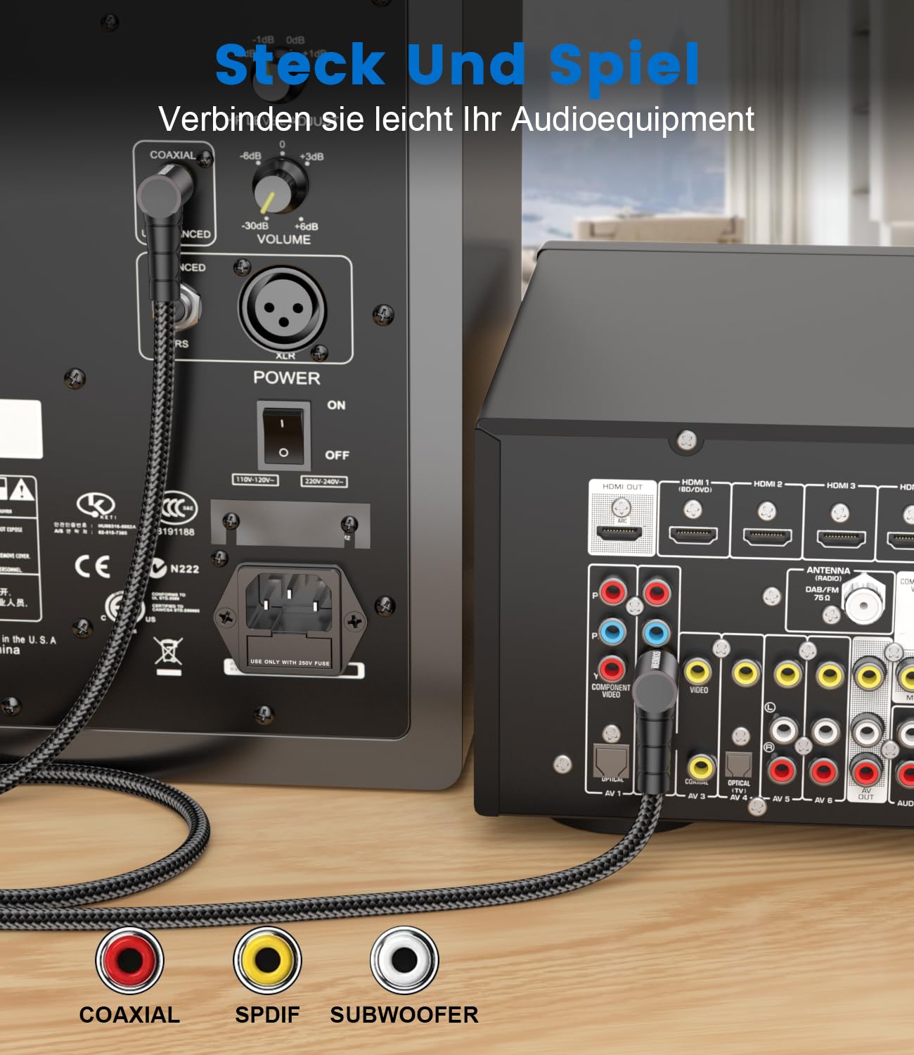 Detalle de SOUNDFAM Doppeltes 90 Grad RCA Subwoofer Kabel 1 M – 24K vergoldete Stecker, flexibles Right-Angle Kabeldesign