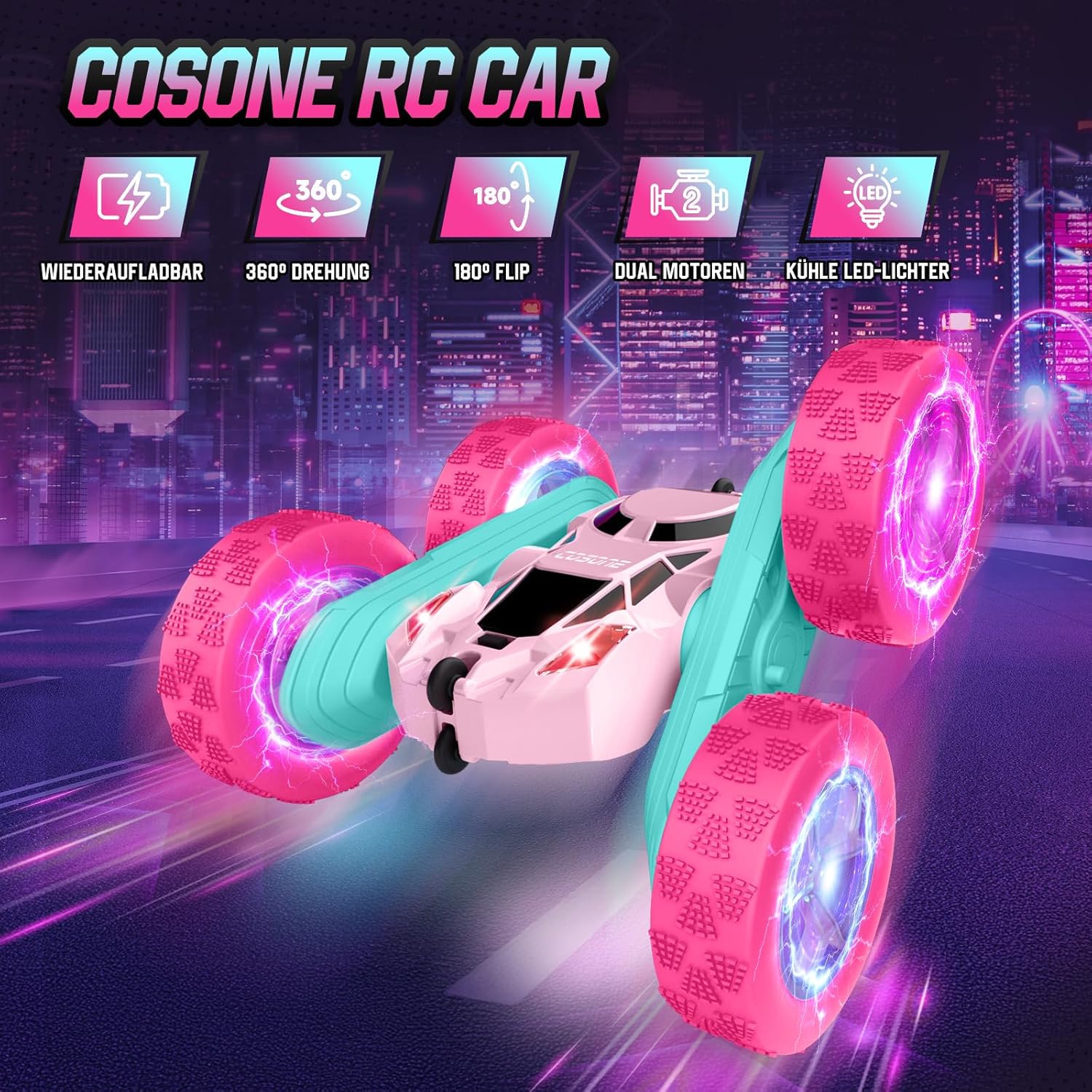 Thumbnail 2 de cosone Rosa Ferngesteuertes RC-Stuntauto für Mädchen (6–12 Jahre), 2,4 GHz, 4WD, LED & 360° Flip