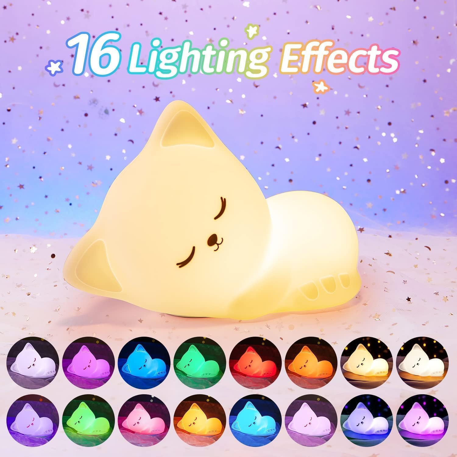 Detalle de Mubarek night light Cat Night Light for Kids, 16 Colors, Rechargeable Silicone