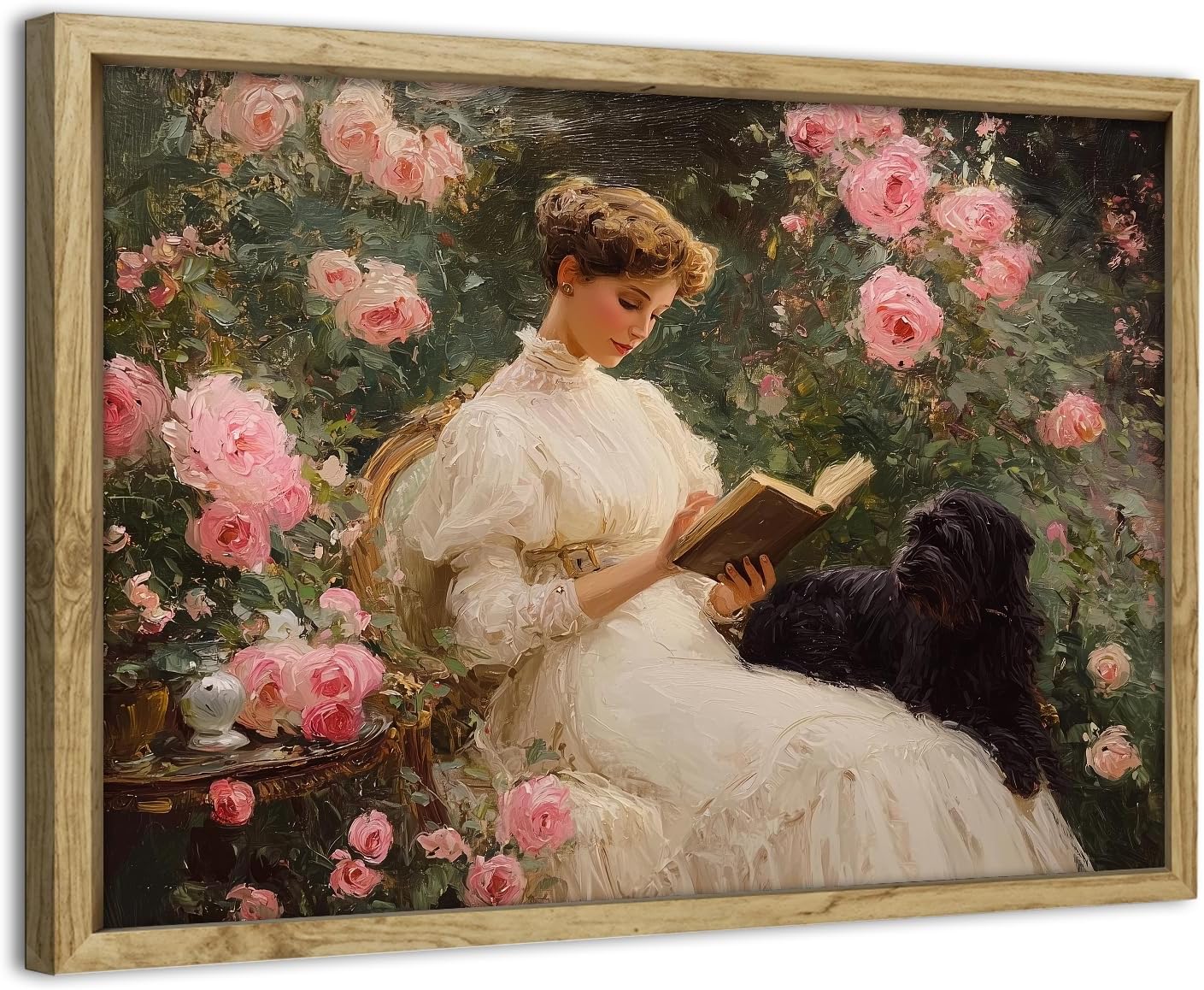 Detalle de Vintage Framed Wall Art: Woman Reading Book Portraits in Rose Garden (30x40cm)