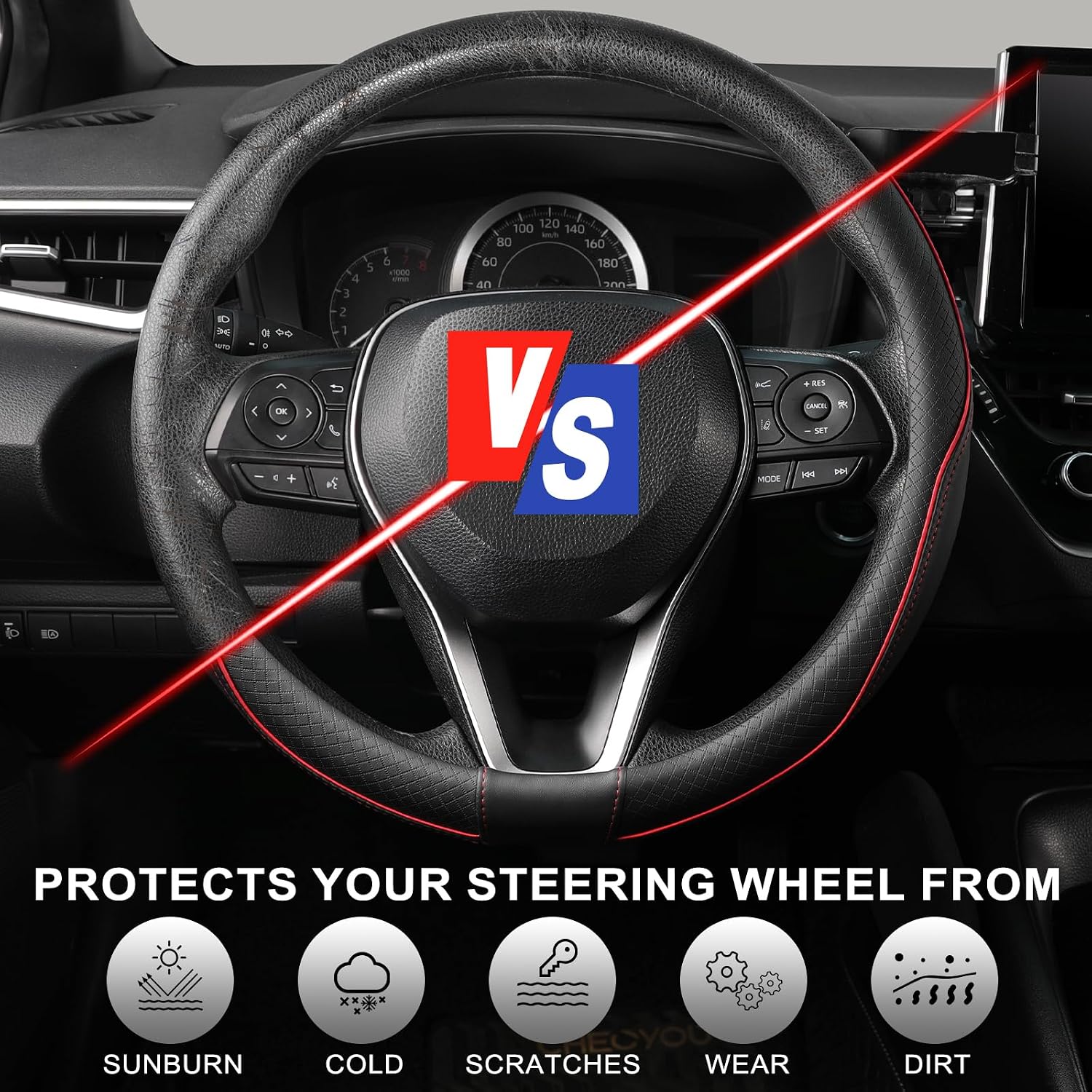 Thumbnail 3 de SEG Direct Steering Wheel Cover 37-39cm Medium – Microfiber Leather, Non-Slip Grip, Black & Red