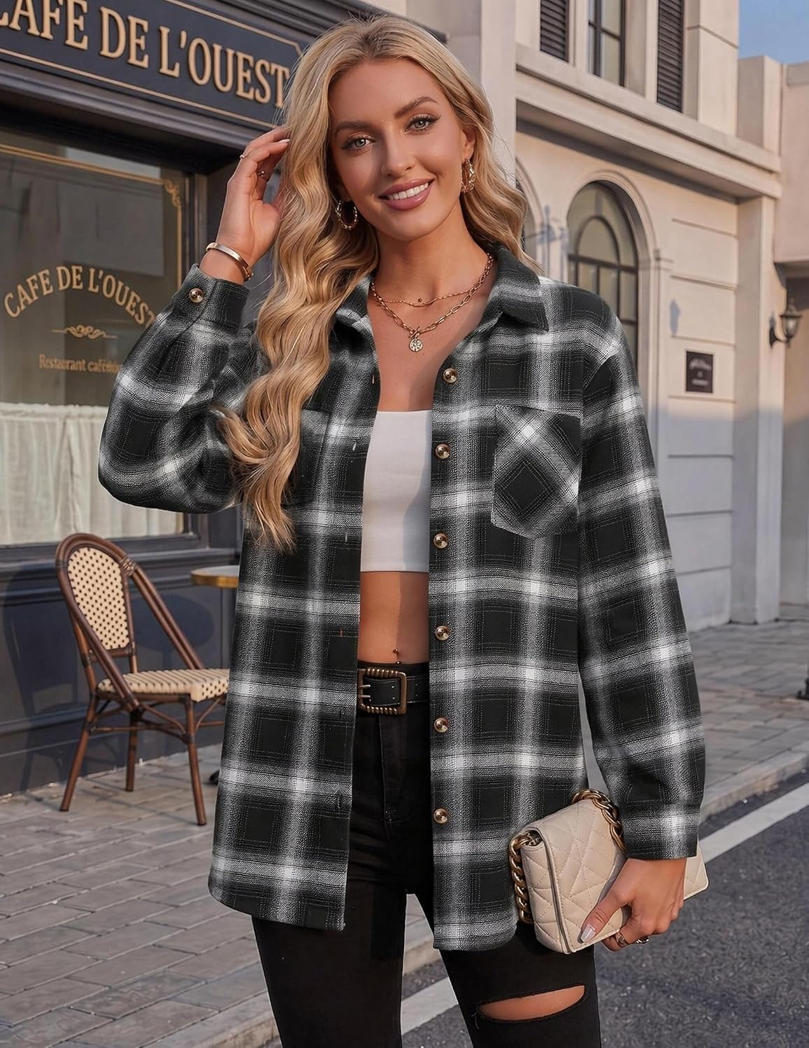 Detalle 2 de Zeagoo Women's Flannel Plaid Button-Down Shirt, Long-Sleeve Casual Shacket