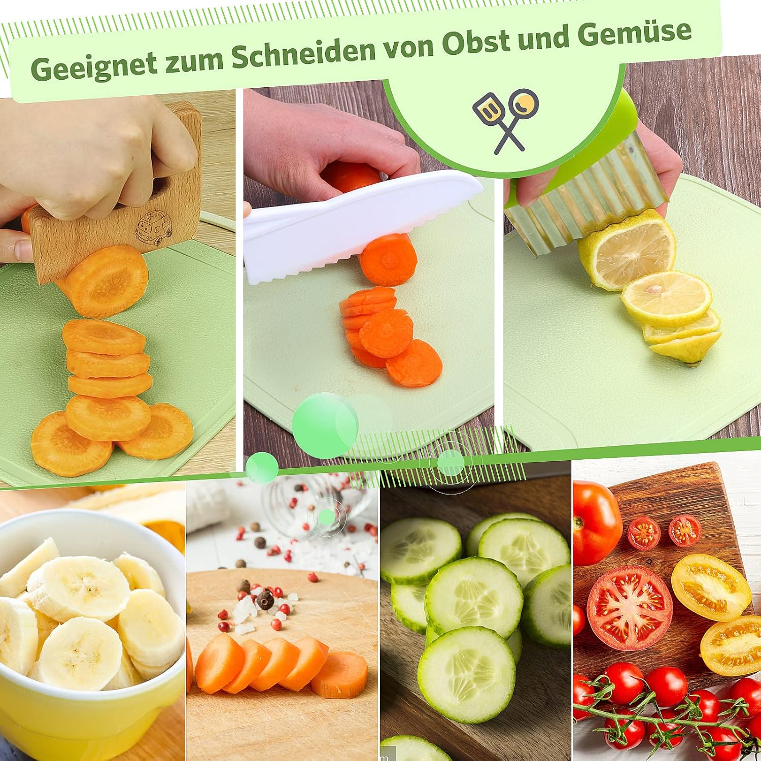 Detalle de Kindermesser-Set (8-teilig) für Kinder ab 2 Jahren – Montessori Schneidwerkzeug & Zubehör